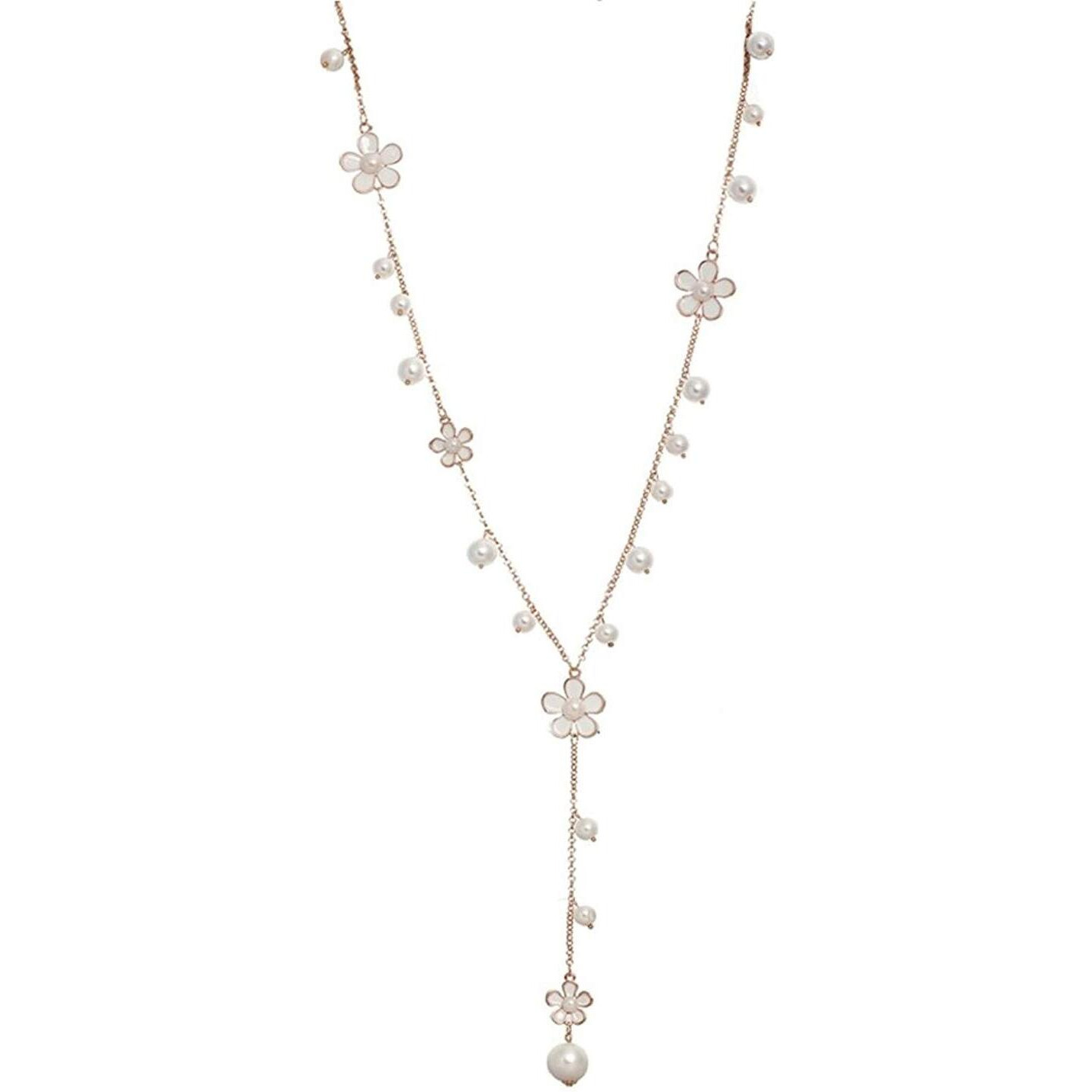 Shining Diva Fashion Jewellery Pearl and Florals Base Metal Pendent Long Chain Pendant Stylish Necklace for Women (White, Golden)