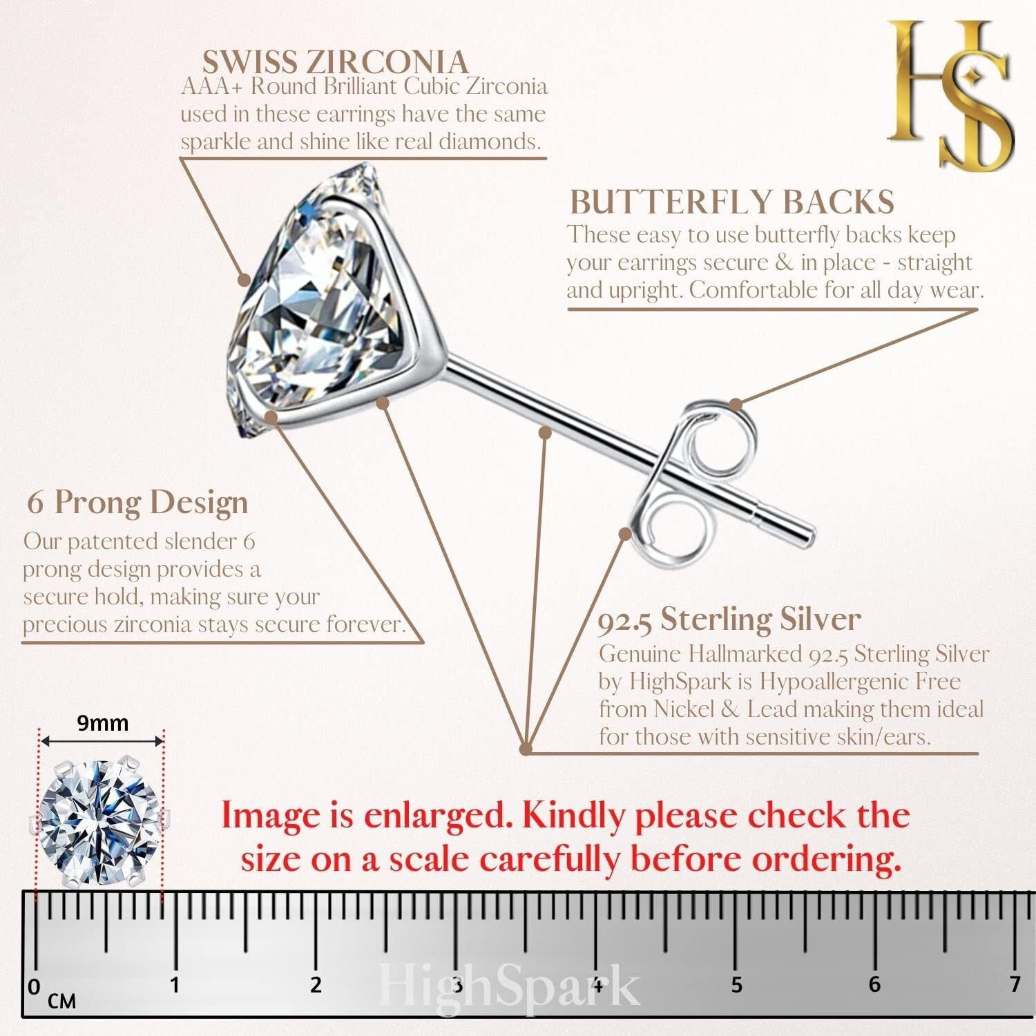 HIGHSPARK 925 Silver Solitaire Stud Earrings | 92.5 Sterling Silver & Round Brilliant Cubic Zirconia Tops for Men Women | Silver 9mm