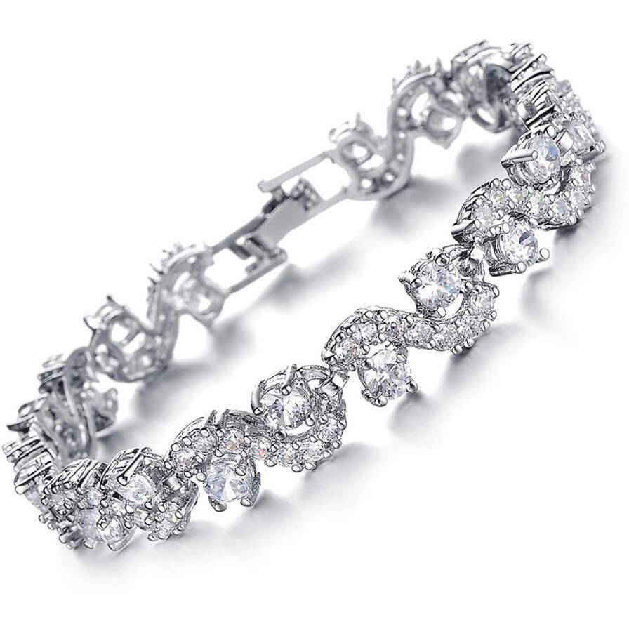Shining Diva Fashion White Silver Plated Cubic Zirconia Stylish AAA Crystal Charm Bracelet for Women (10950b)