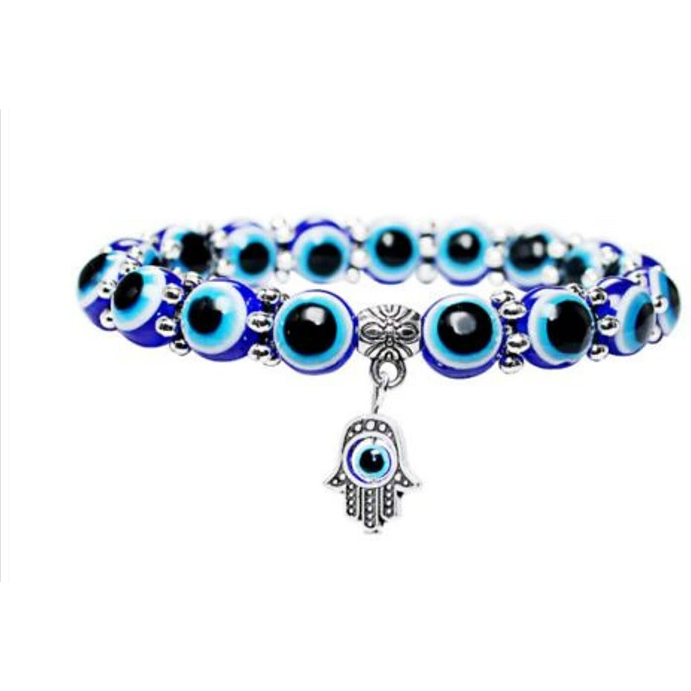 VR Creatives Unisex-Adult Turkish Evil Eye Blue Beaded Hamsa Charm Stretch Bracelet Hand Of Fatima Turkish Evil Eye Lucky Bracelet For Protection And Blessing