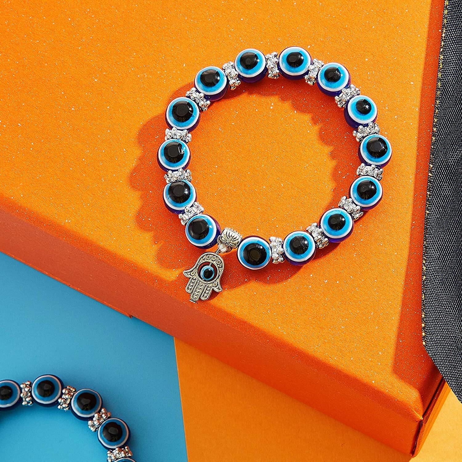 VR Creatives Unisex-Adult Turkish Evil Eye Blue Beaded Hamsa Charm Stretch Bracelet Hand Of Fatima Turkish Evil Eye Lucky Bracelet For Protection And Blessing