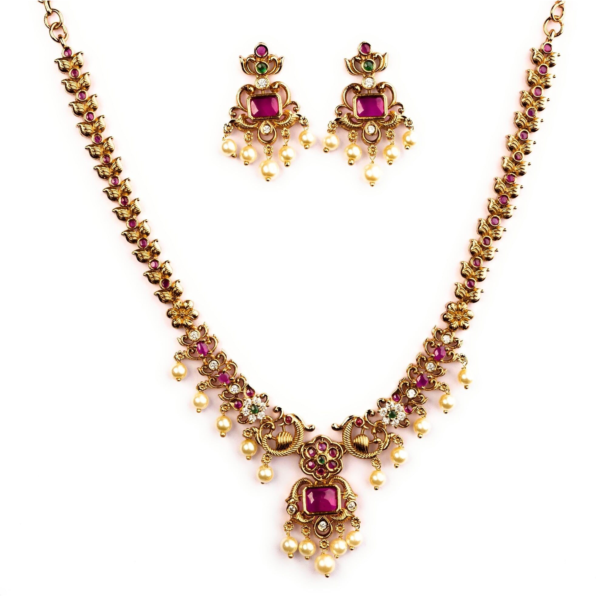 Sasitrends Enchanting Gold Plated Peacock and Floral Pearl Necklace Jewellery Set for Women & Girls