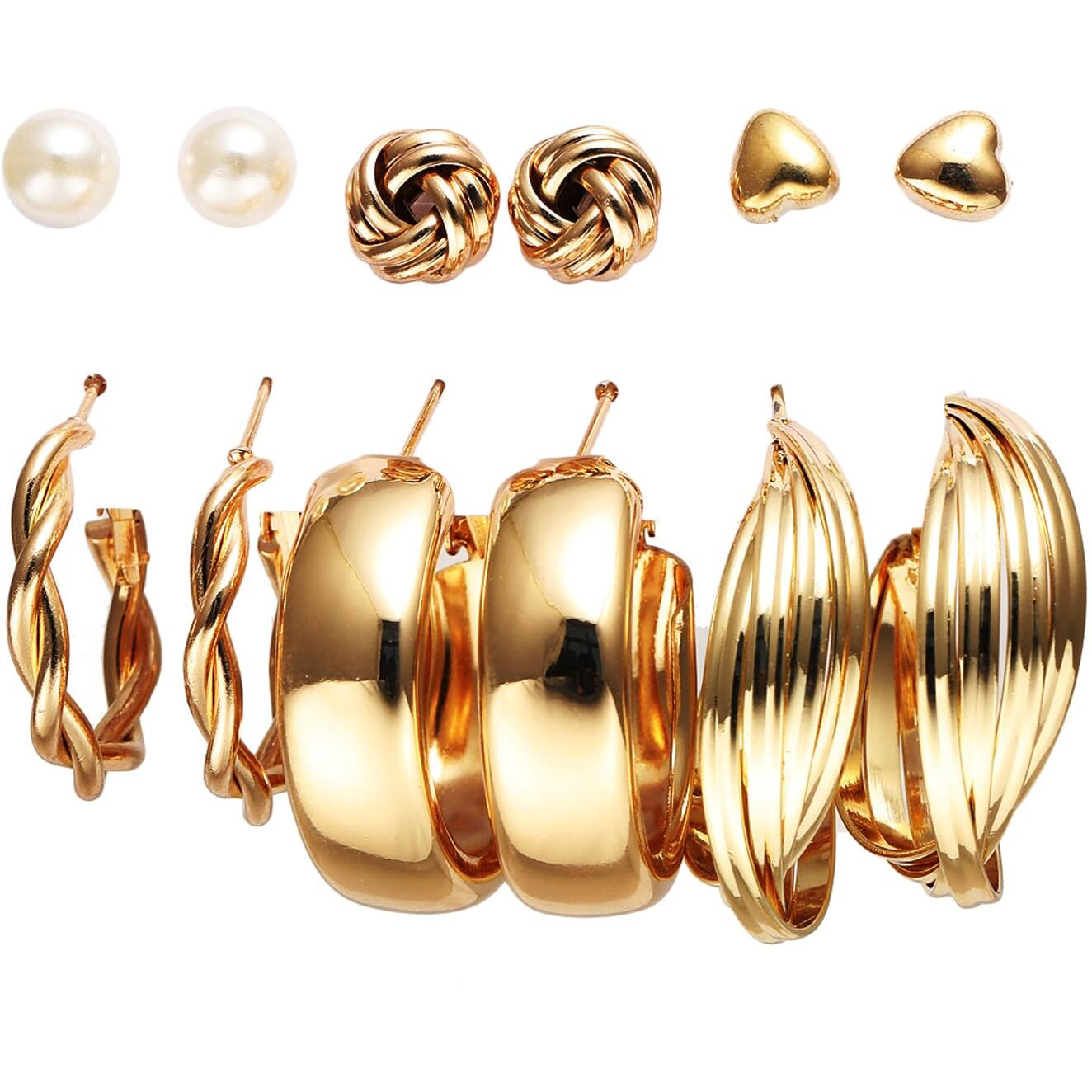 Shining Diva Fashion 6 Pairs Combo Set Latest Stylish Hoop Stud Earrings for Women and Girls (Gold) (13975er)