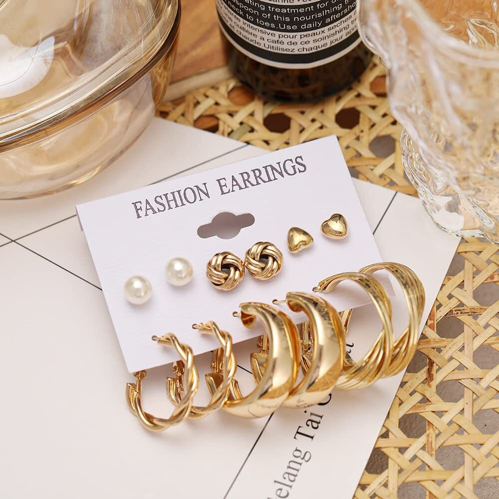 Shining Diva Fashion 6 Pairs Combo Set Latest Stylish Hoop Stud Earrings for Women and Girls (Gold) (13975er)