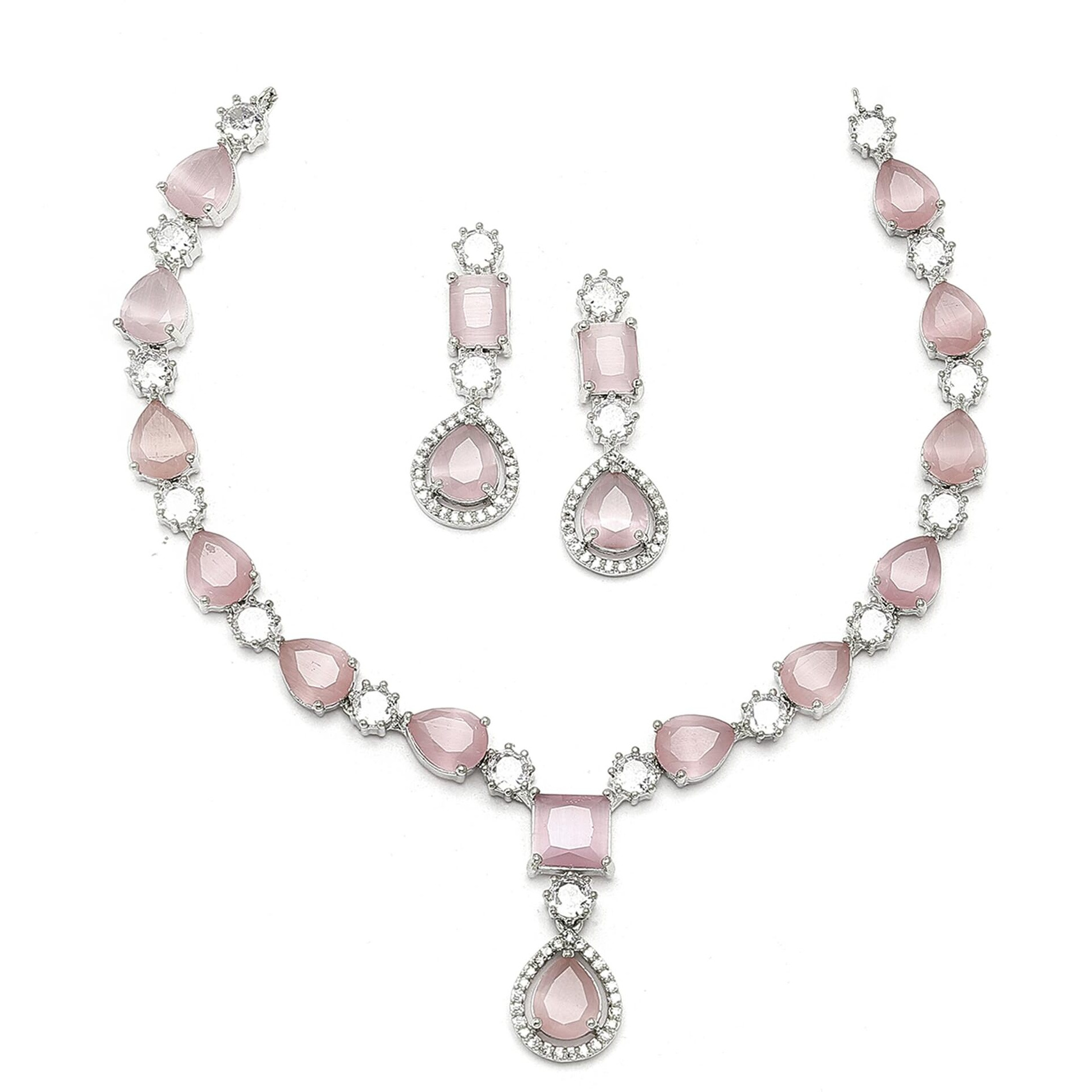ZENEME Rhodium-Plated American Diamond Studded Fashionable Necklace With Earrings Jewellery Set For Girls and Women (Pink)