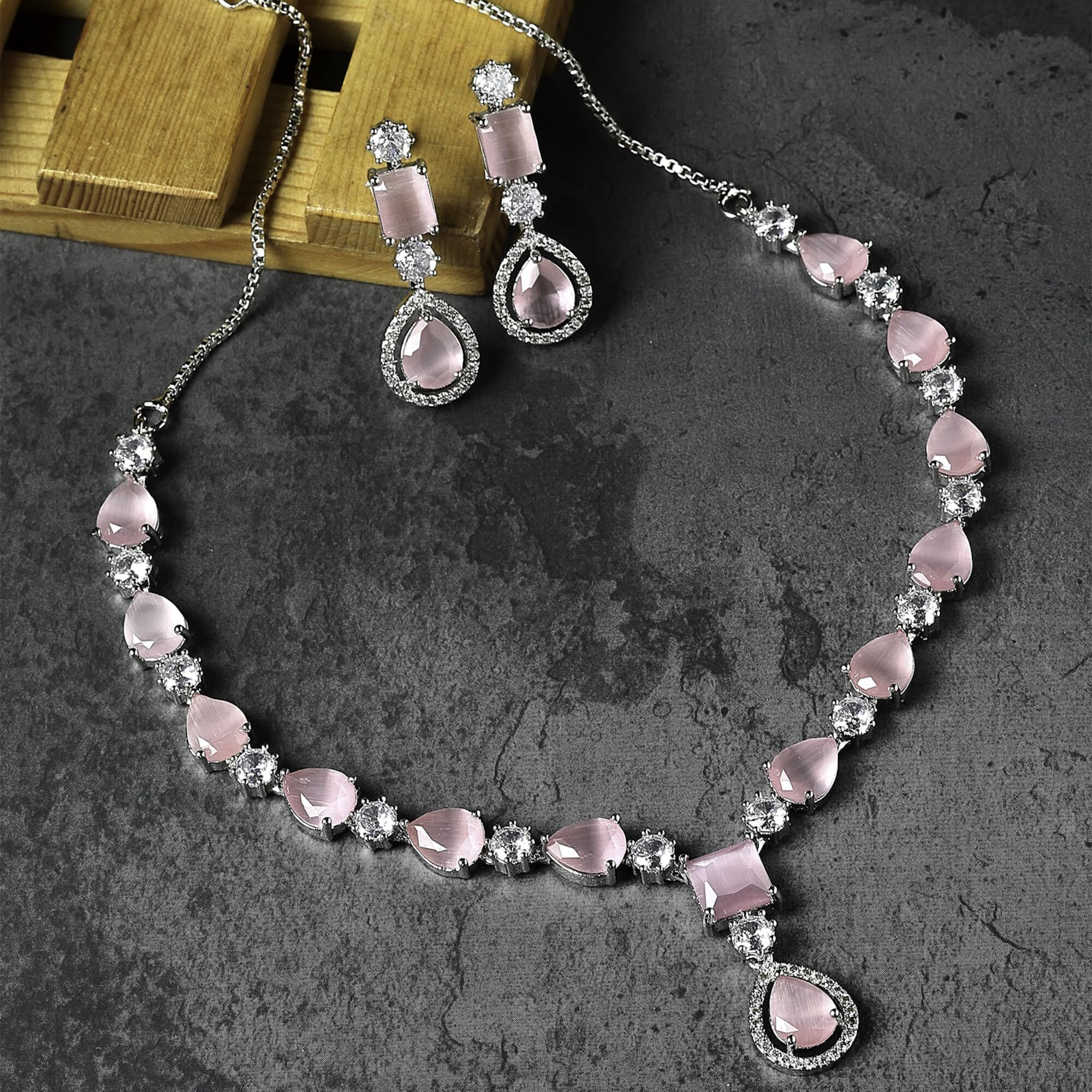 ZENEME Rhodium-Plated American Diamond Studded Fashionable Necklace With Earrings Jewellery Set For Girls and Women (Pink)