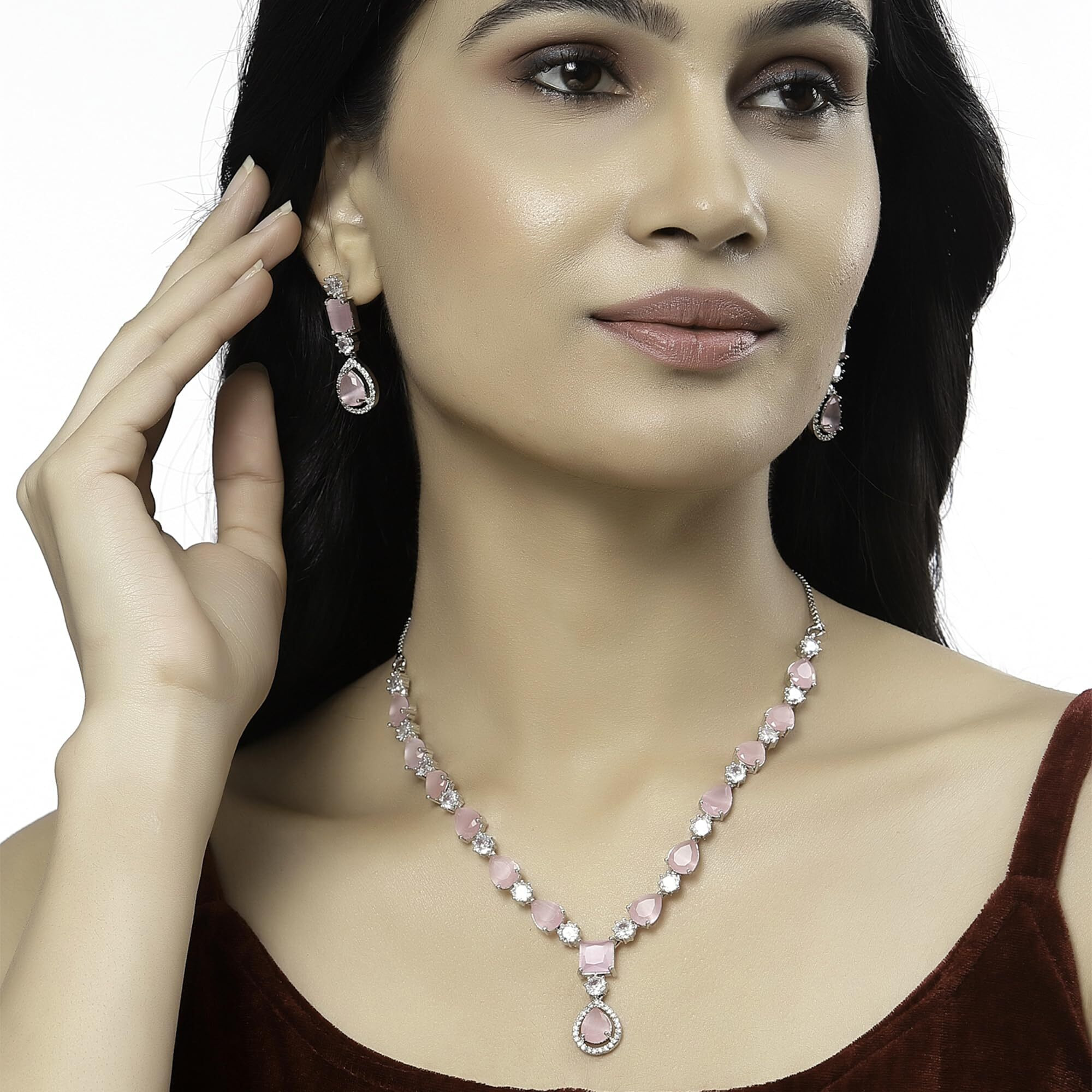 ZENEME Rhodium-Plated American Diamond Studded Fashionable Necklace With Earrings Jewellery Set For Girls and Women (Pink)