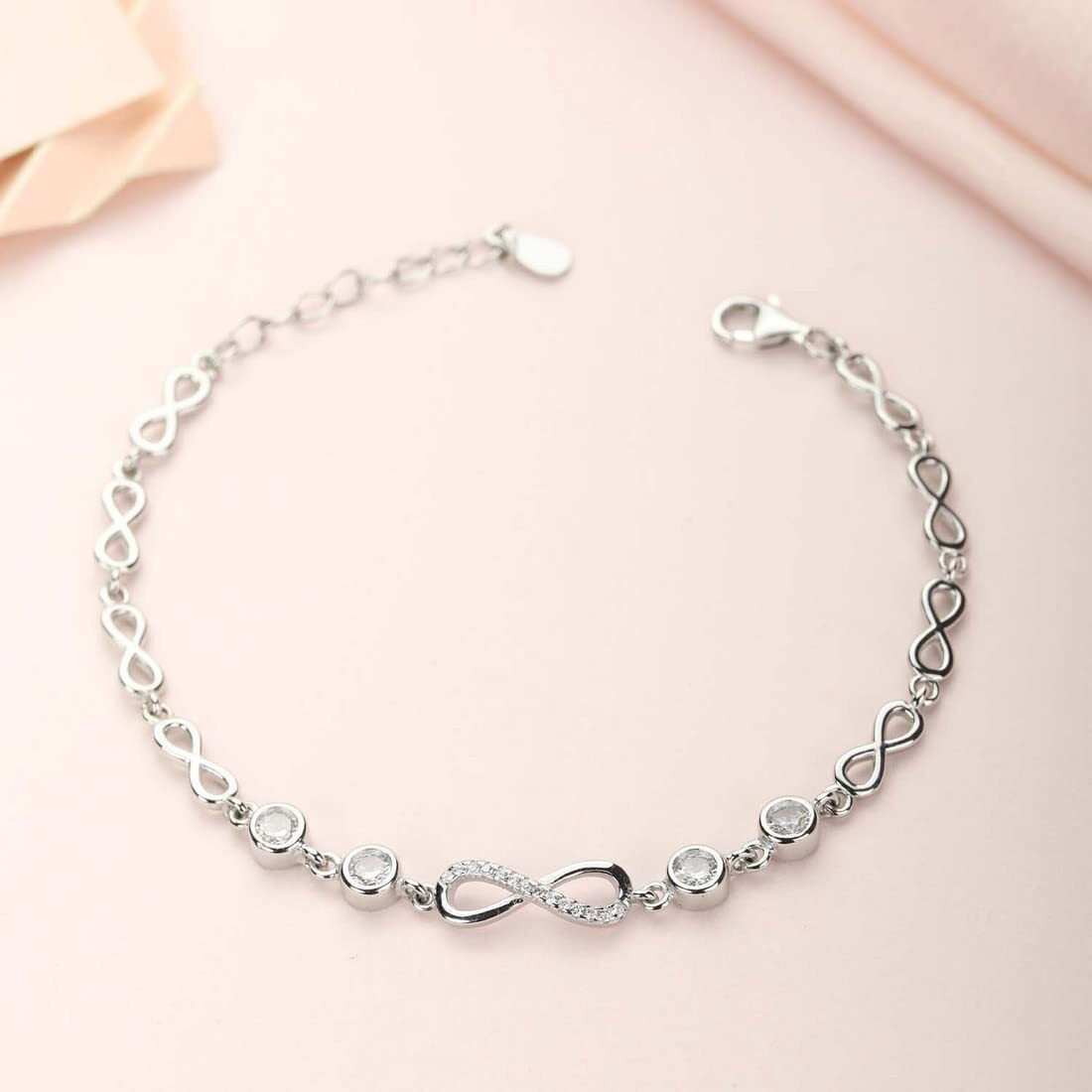 ZAVYA 925 Sterling Silver Cubic Zirconia CZ Beads Infinity Rhodium Plated Adjustable Chain Bracelet | Stylish Silver Jewellery | Gift for Women & Girls | With Certificate of Authenticity & Hallmark