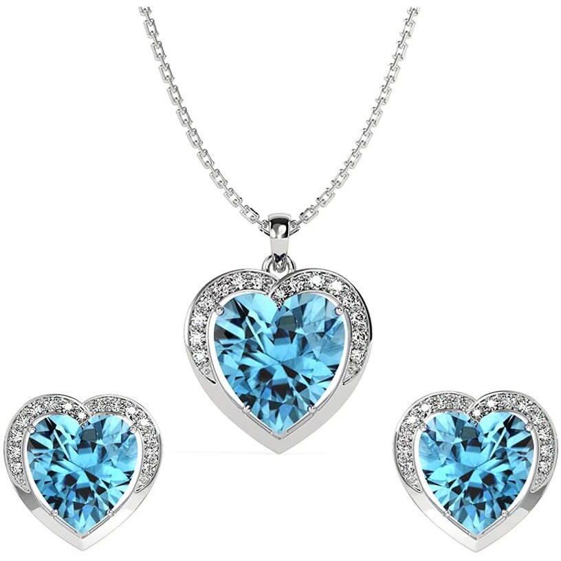 Clara 925 Sterling Silver Sky Blue Heart Pendant Earring Chain Jewellery Set | Rhodium Plated, Swiss Zirconia | Gift for Women & Girls
