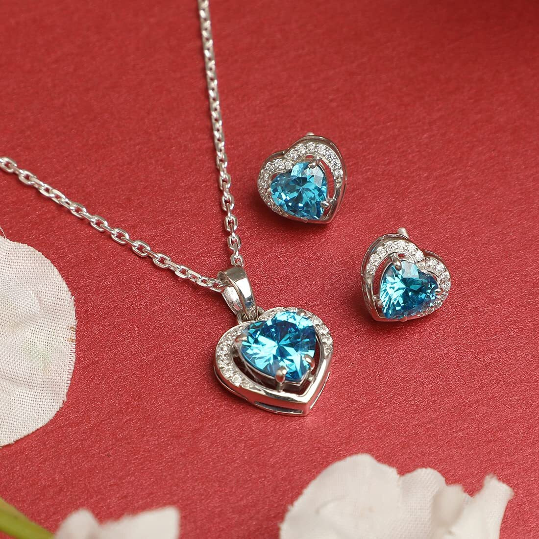 Clara 925 Sterling Silver Sky Blue Heart Pendant Earring Chain Jewellery Set | Rhodium Plated, Swiss Zirconia | Gift for Women & Girls