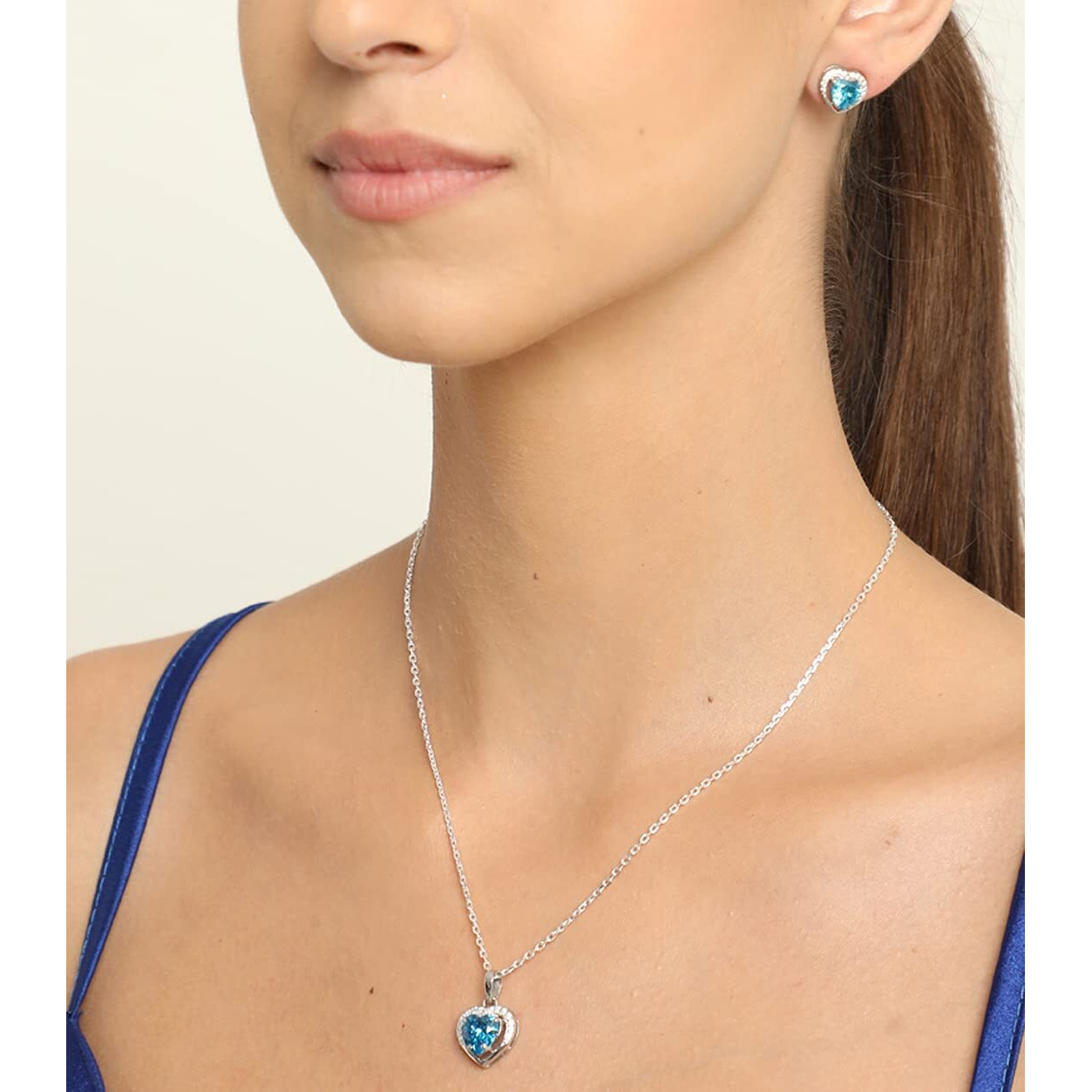 Clara 925 Sterling Silver Sky Blue Heart Pendant Earring Chain Jewellery Set | Rhodium Plated, Swiss Zirconia | Gift for Women & Girls