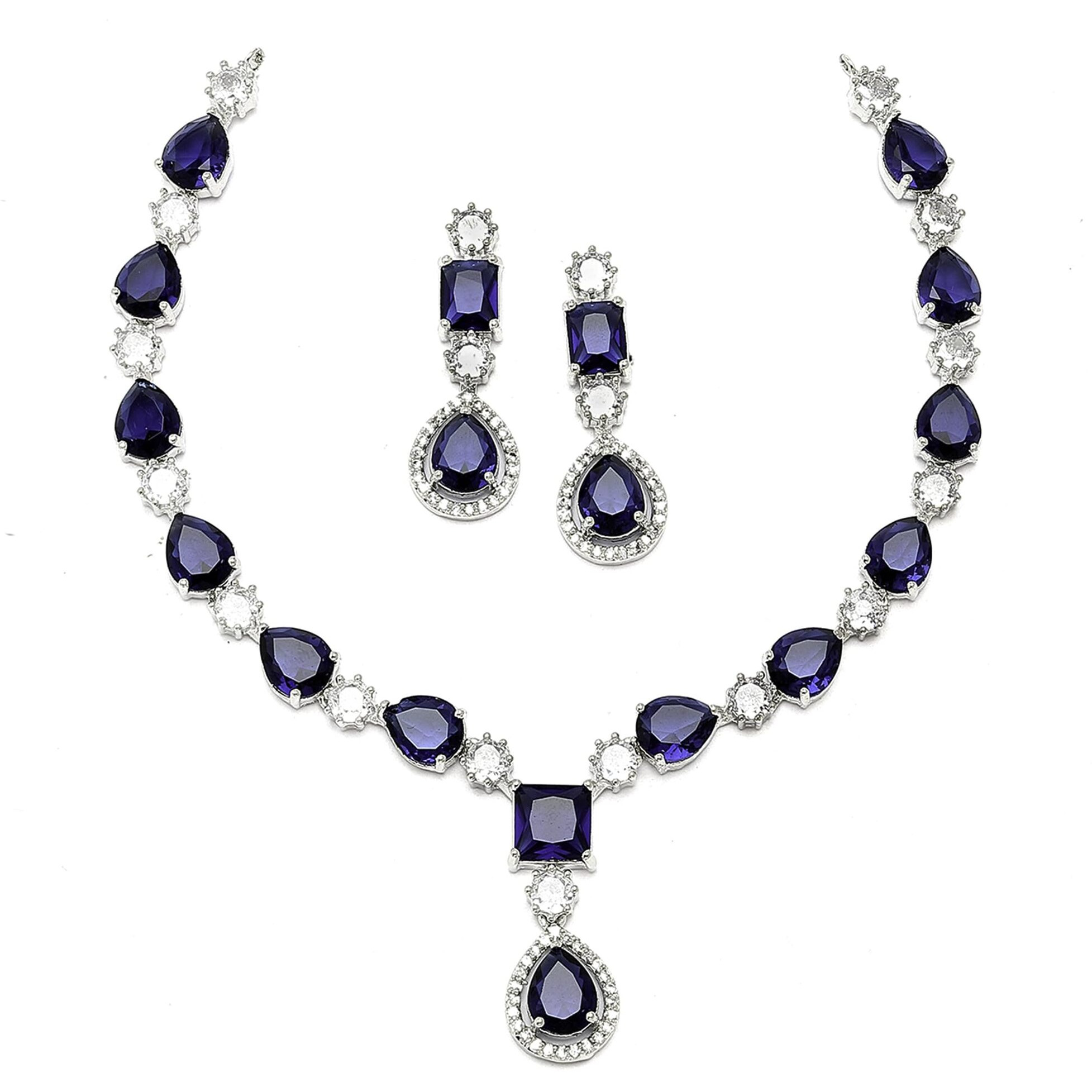 ZENEME Rhodium-Plated American Diamond Studded Fashionable Necklace With Earrings Jewellery Set For Girls and Women (Navy Blue)