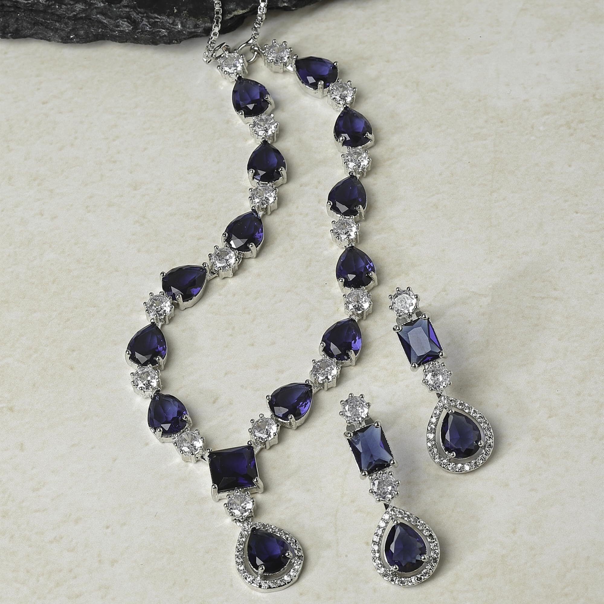 ZENEME Rhodium-Plated American Diamond Studded Fashionable Necklace With Earrings Jewellery Set For Girls and Women (Navy Blue)