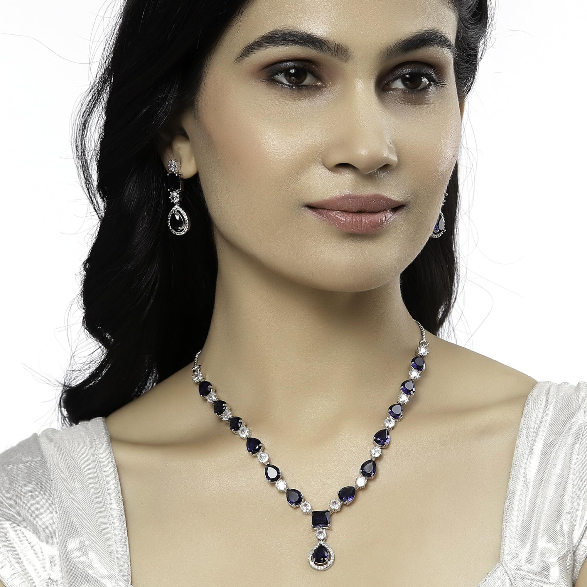 ZENEME Rhodium-Plated American Diamond Studded Fashionable Necklace With Earrings Jewellery Set For Girls and Women (Navy Blue)