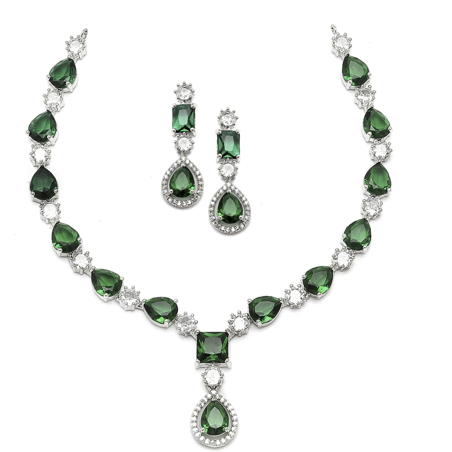 ZENEME Rhodium-Plated American Diamond Studded Fashionable Necklace With Earrings Jewellery Set For Girls and Women (Green)