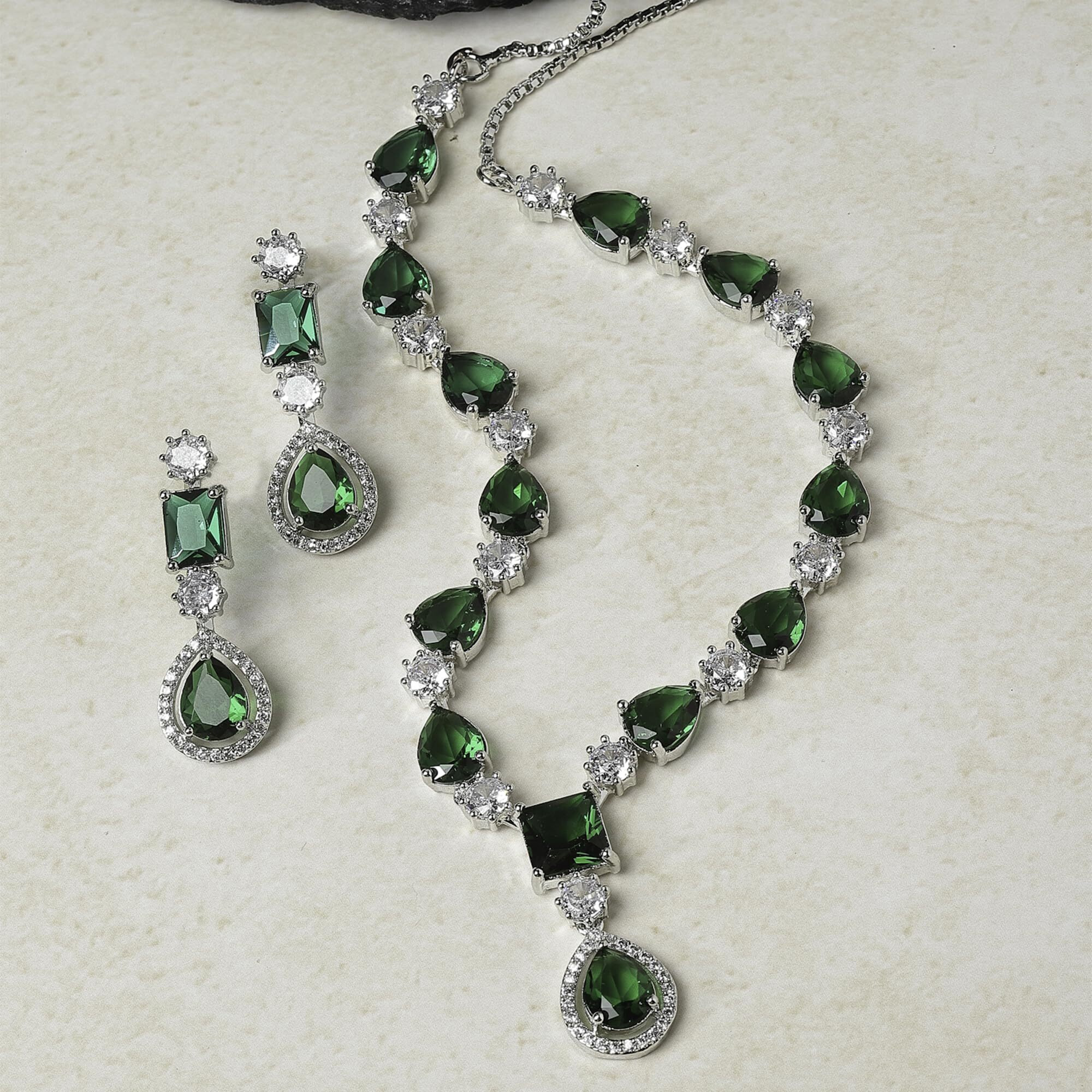 ZENEME Rhodium-Plated American Diamond Studded Fashionable Necklace With Earrings Jewellery Set For Girls and Women (Green)