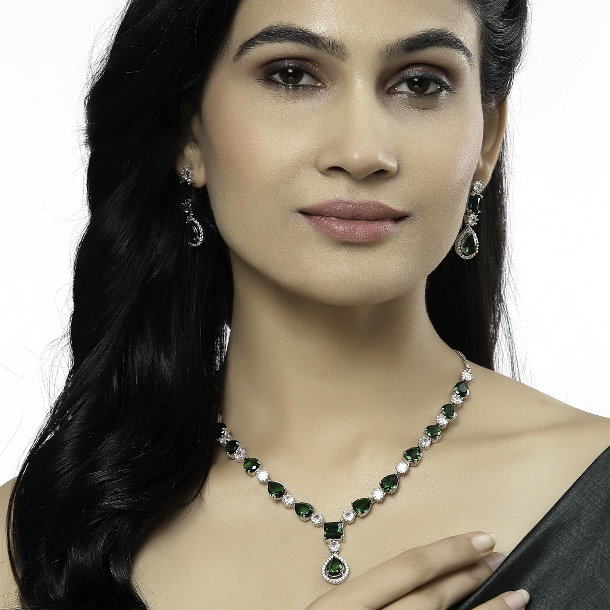 ZENEME Rhodium-Plated American Diamond Studded Fashionable Necklace With Earrings Jewellery Set For Girls and Women (Green)