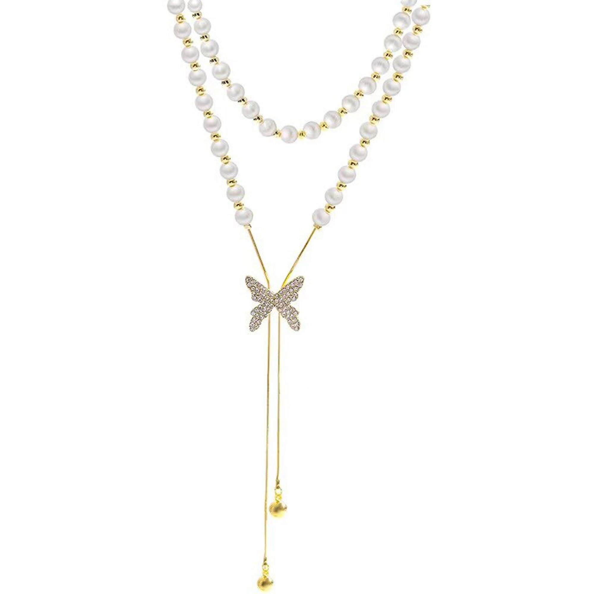 Fashion Frill Elegant Golden Chain Necklace For Women Butterfly Pearl Long Chain Pendant Necklace For Women Girls Love Gifts Womens Jewellery