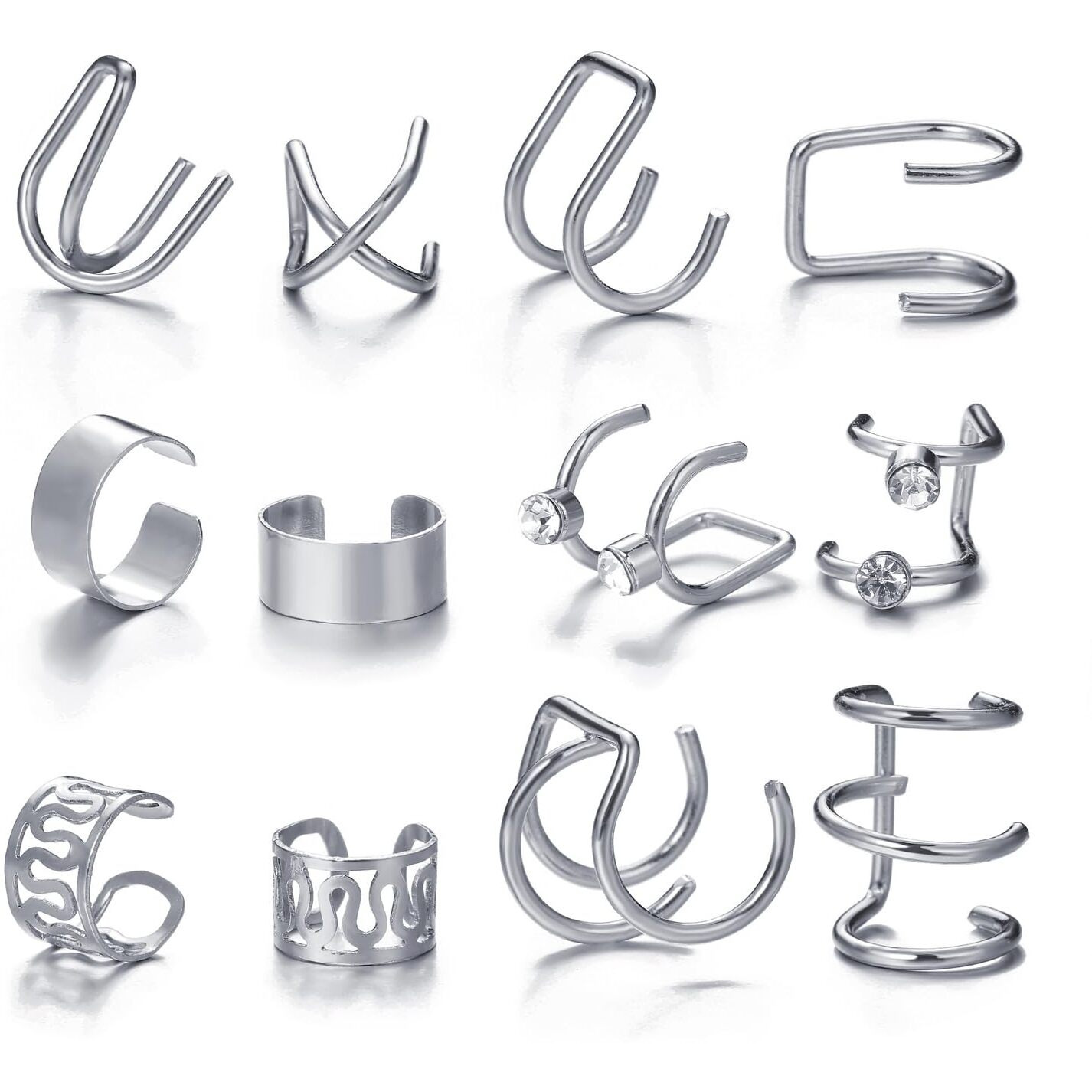 Shining Diva Fashion Latest Stylish 12 Pcs Combo Clip On Ear Cuff Earrings for Women and Girls (14902er)(Silver)