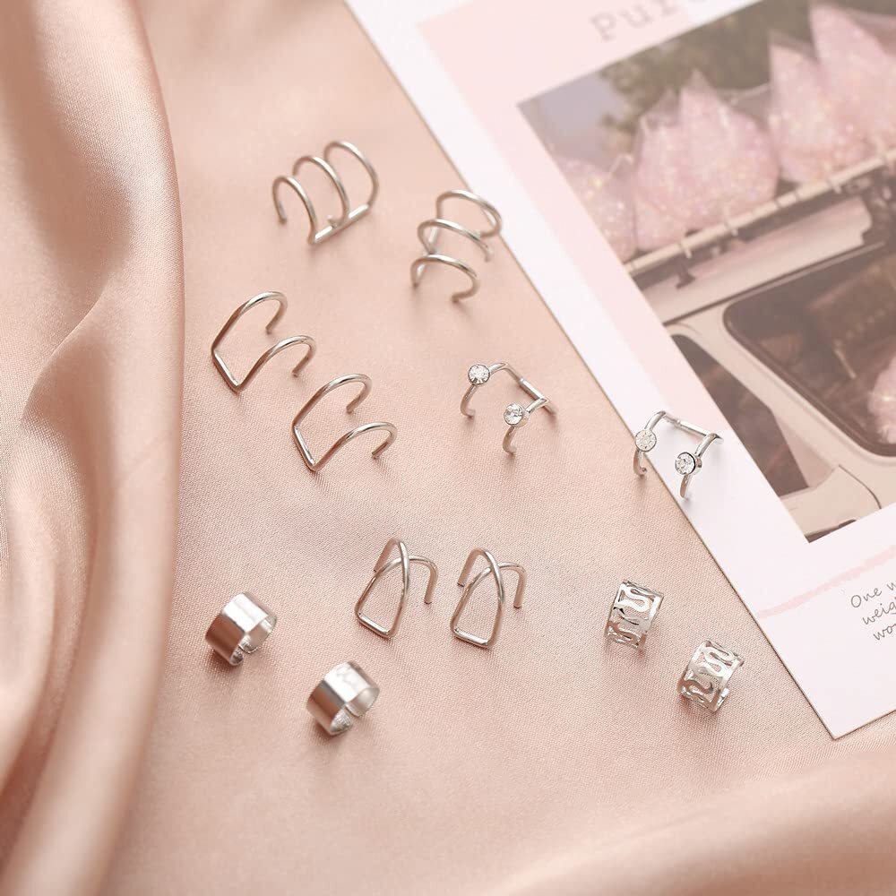 Shining Diva Fashion Latest Stylish 12 Pcs Combo Clip On Ear Cuff Earrings for Women and Girls (14902er)(Silver)