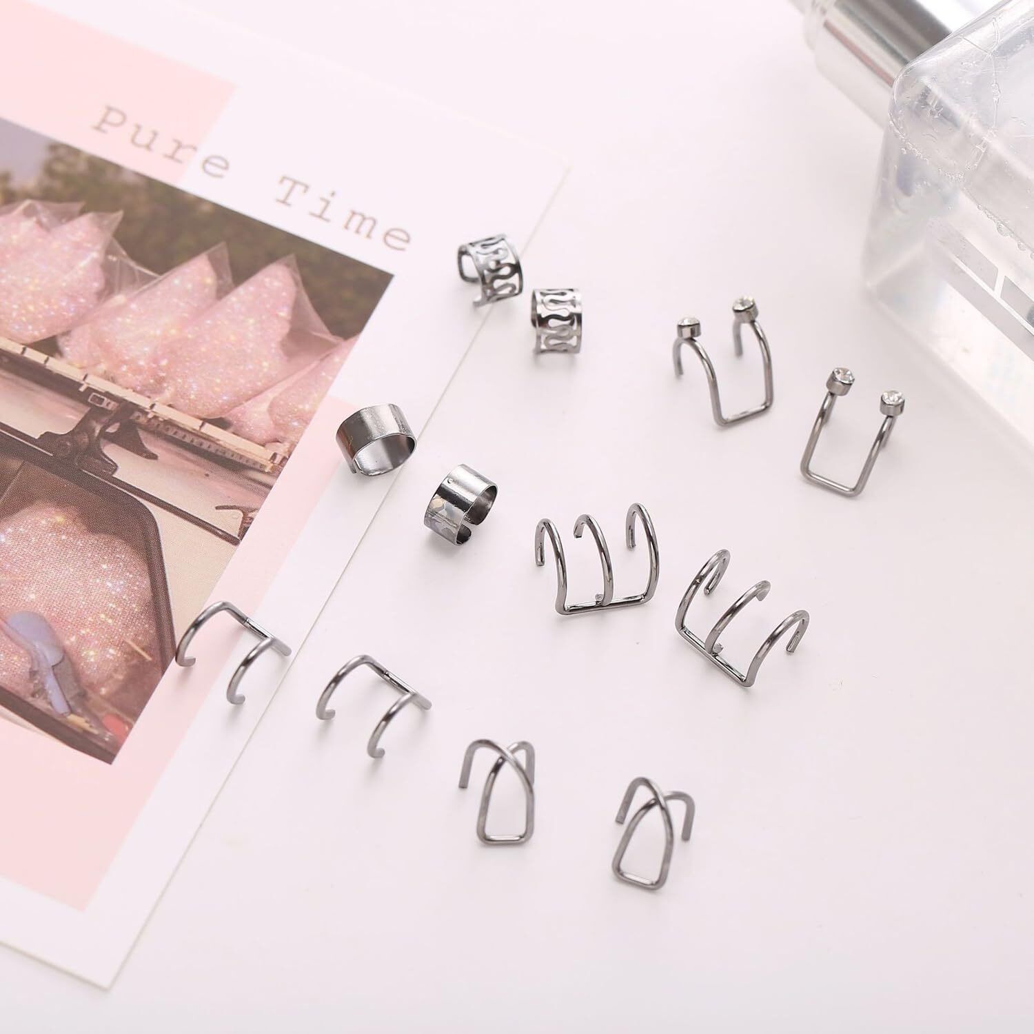 Shining Diva Fashion Latest Stylish 12 Pcs Combo Clip On Ear Cuff Earrings for Women and Girls (14902er)(Silver)