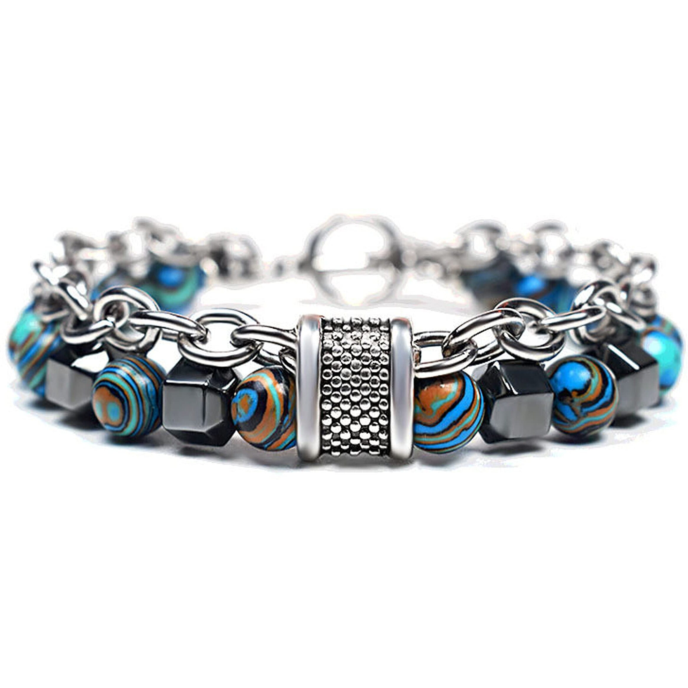 Fashion Frill Stylish Boys Bracelet Stainless Steel Blue Beads Silver Chain Bracelet For Men Boys Mens Jewellery Bracelets Mens Accessories