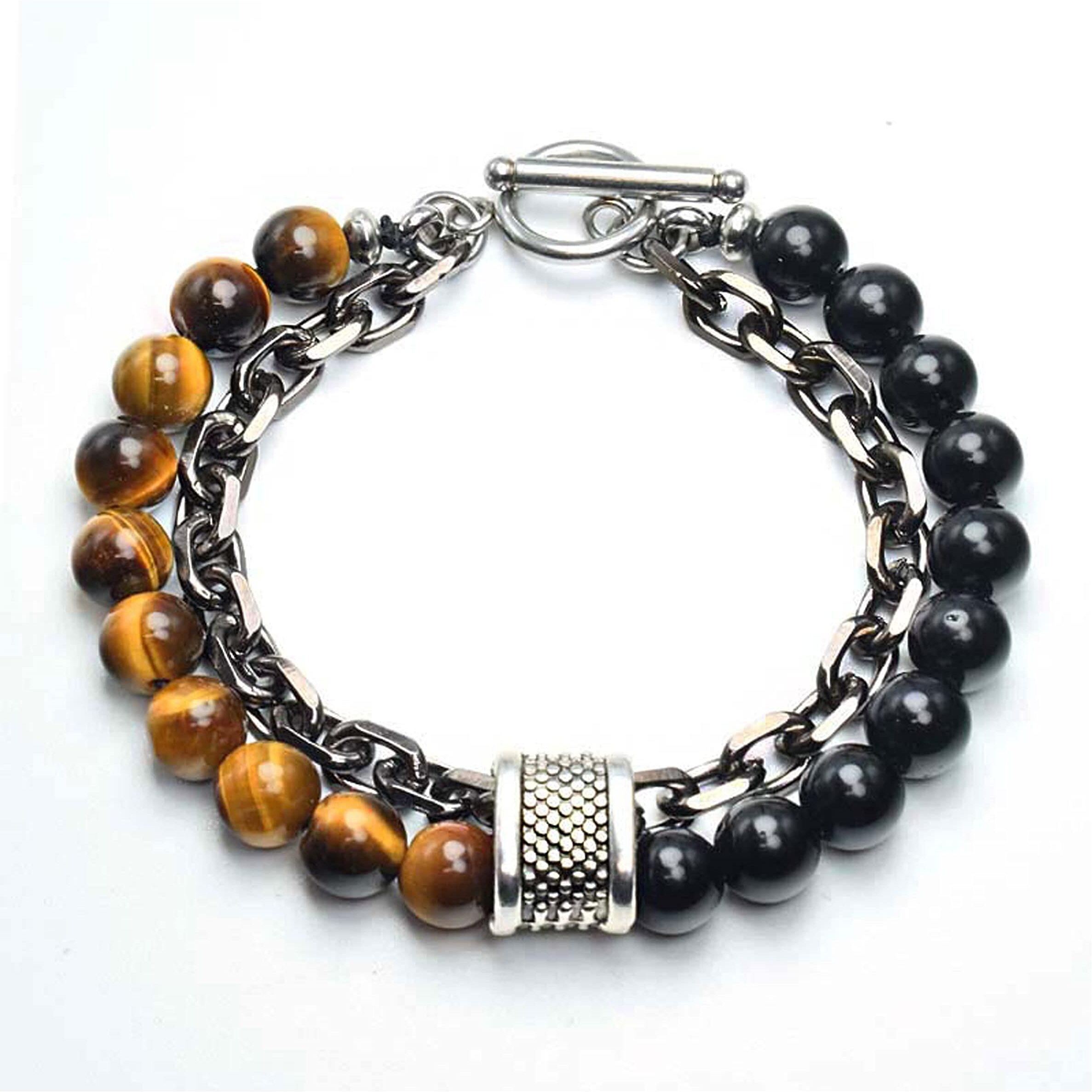 Fashion Frill Stylish Boys Bracelet Stainless Steel Brown Beads Silver Chain Bracelet For Men Boys Mens Jewellery Bracelets Mens Accessories