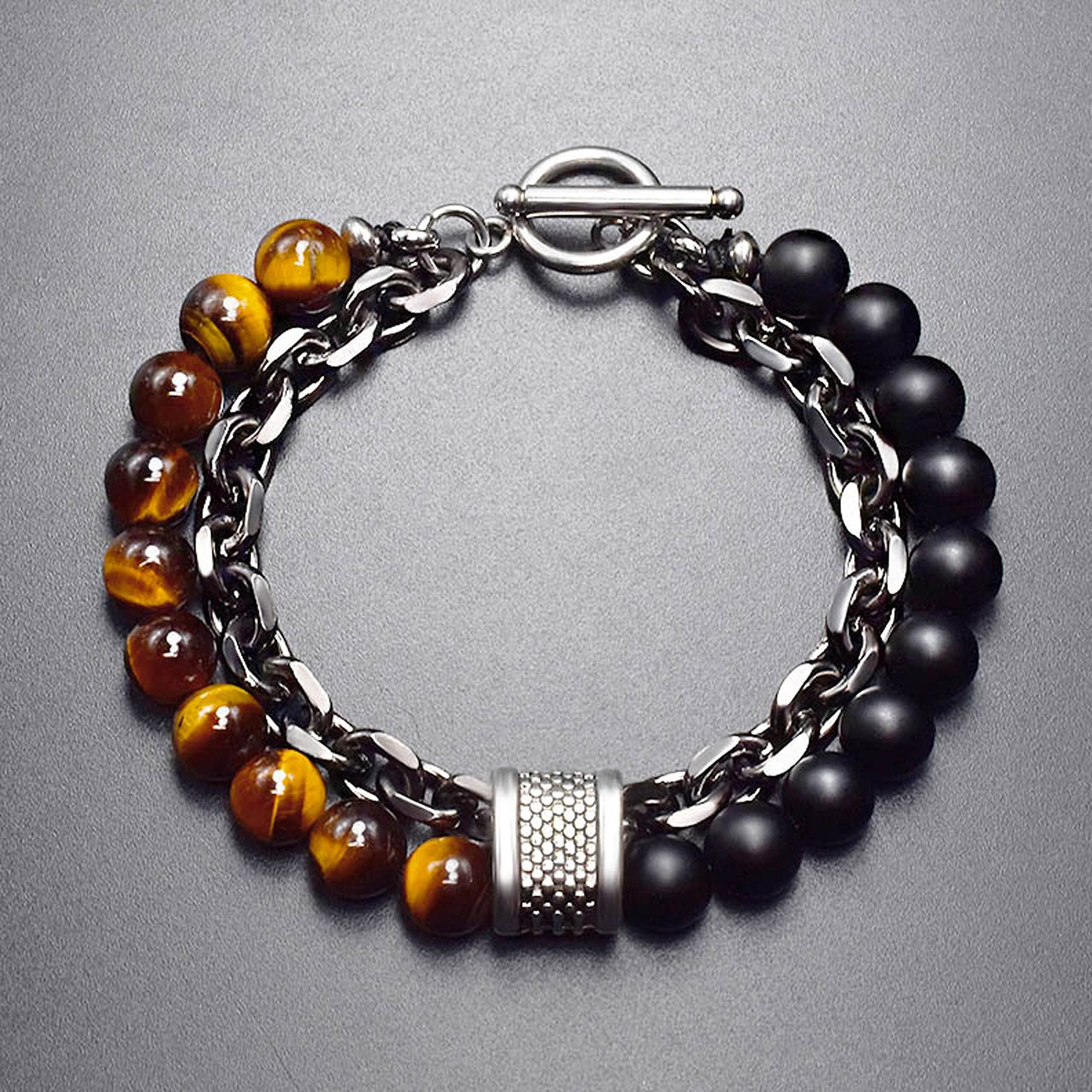 Fashion Frill Stylish Boys Bracelet Stainless Steel Brown Beads Silver Chain Bracelet For Men Boys Mens Jewellery Bracelets Mens Accessories