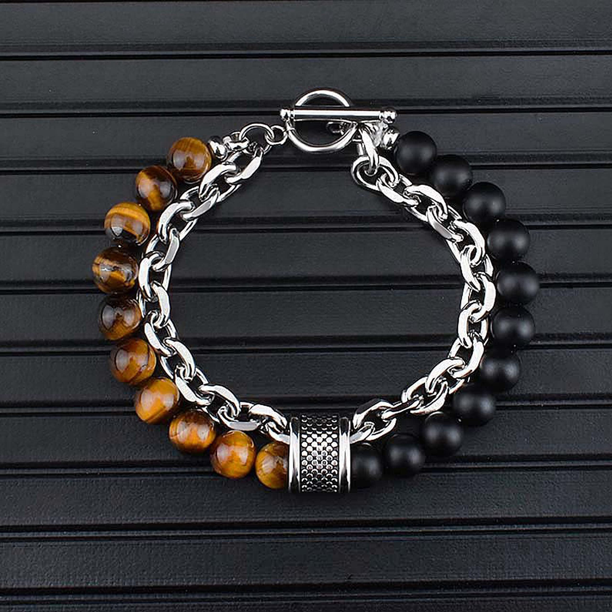 Fashion Frill Stylish Boys Bracelet Stainless Steel Brown Beads Silver Chain Bracelet For Men Boys Mens Jewellery Bracelets Mens Accessories