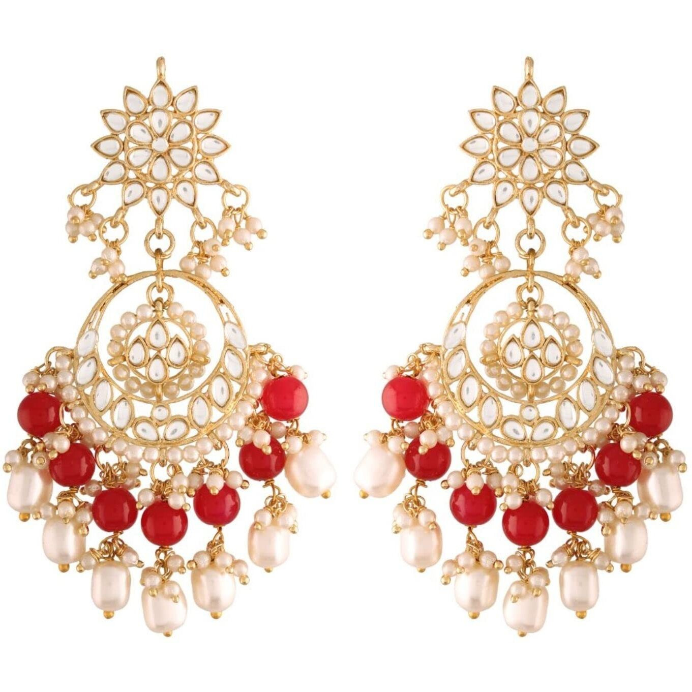 I Jewels 18K Gold Plated Traditional Handcrafted Pearl Kundan Beaded Chandbali Earrings for Women/Girls (E2916R)