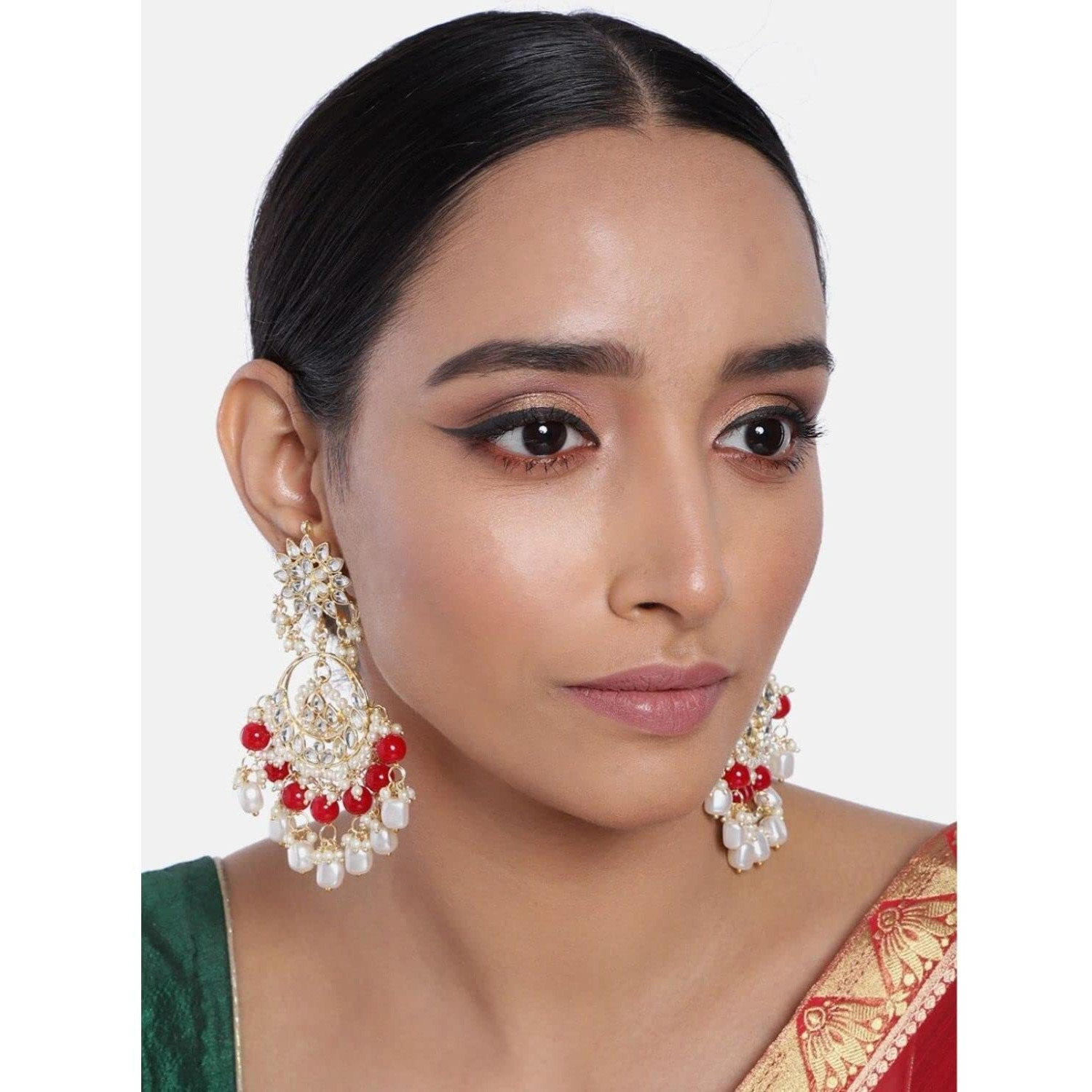 I Jewels 18K Gold Plated Traditional Handcrafted Pearl Kundan Beaded Chandbali Earrings for Women/Girls (E2916R)