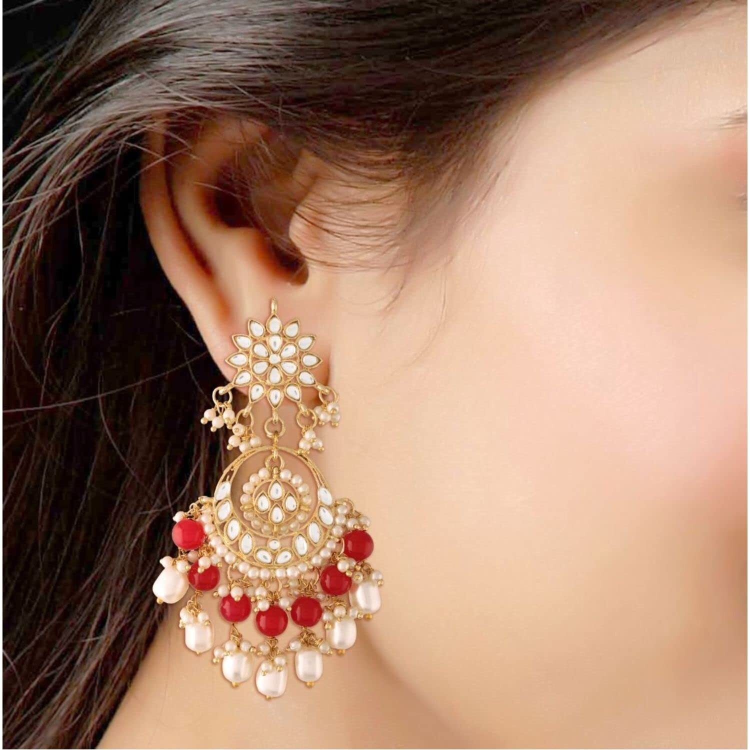 I Jewels 18K Gold Plated Traditional Handcrafted Pearl Kundan Beaded Chandbali Earrings for Women/Girls (E2916R)