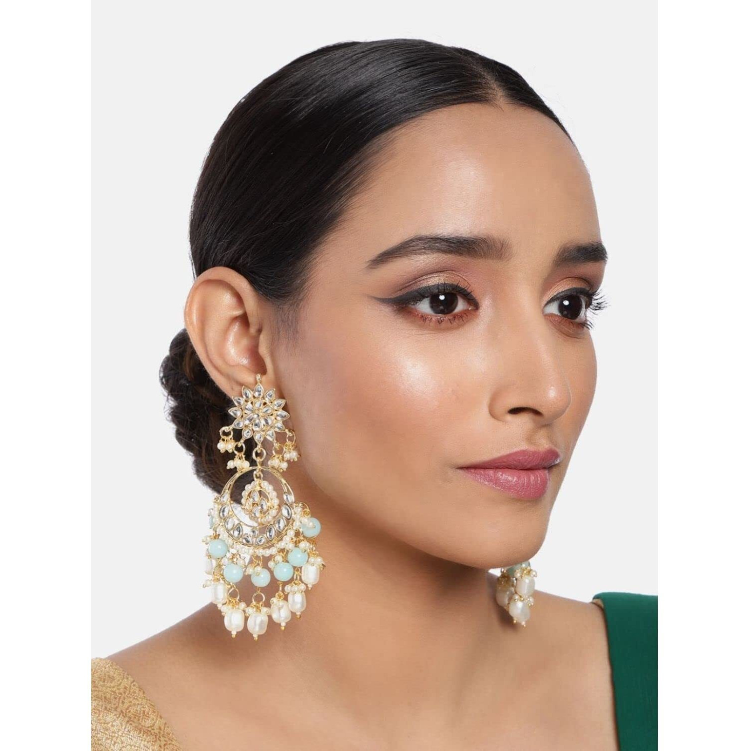 I Jewels 18K Gold Plated Traditional Handcrafted Pearl Kundan Beaded Chandbali Earrings for Women/Girls (E2916Sb)