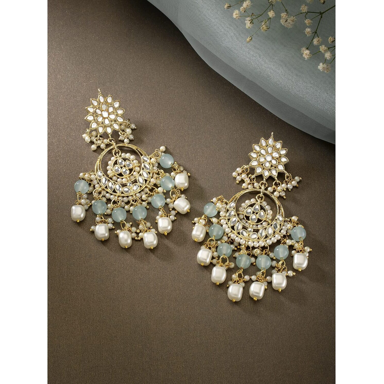 I Jewels 18K Gold Plated Traditional Handcrafted Pearl Kundan Beaded Chandbali Earrings for Women/Girls (E2916Sb)