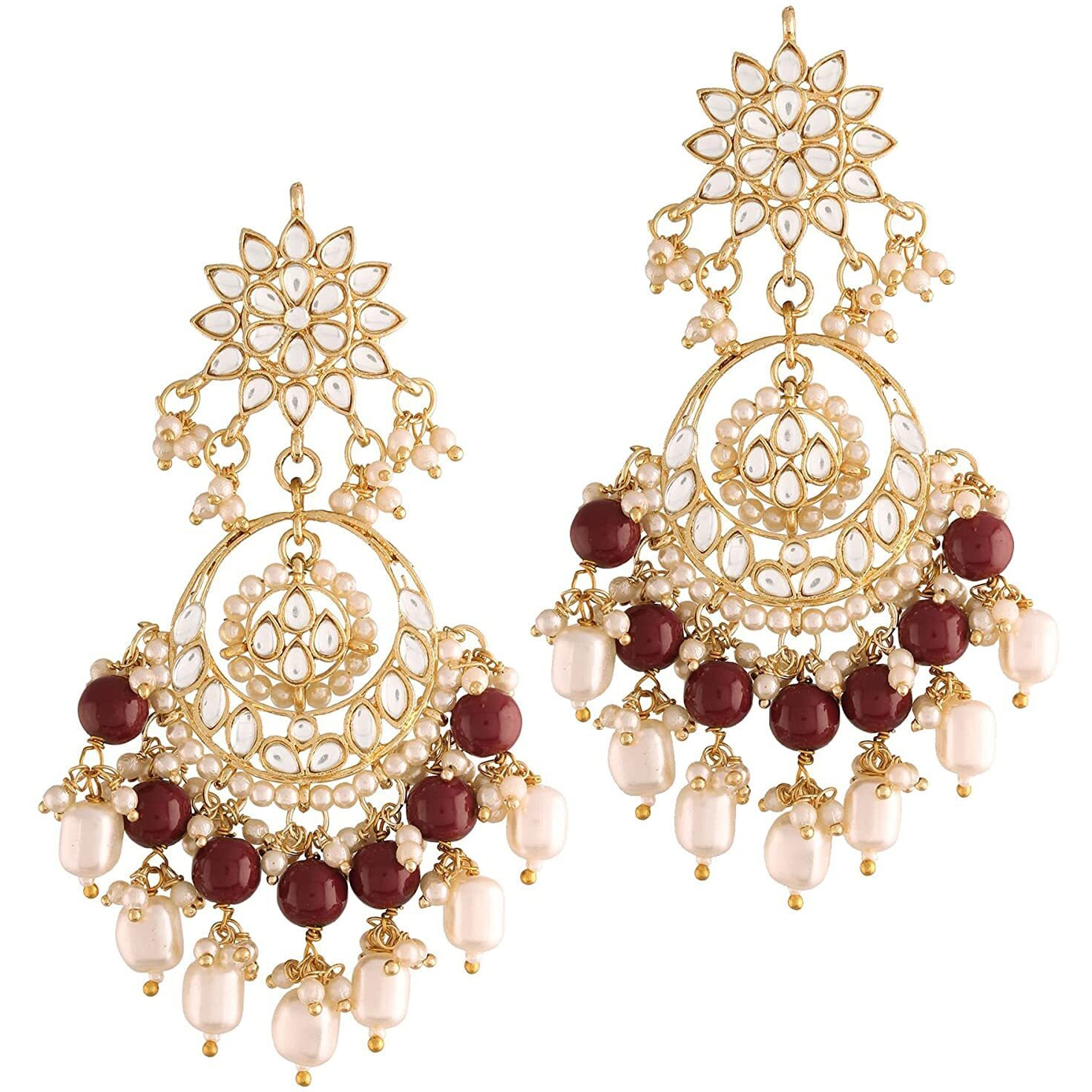 I Jewels 18K Gold Plated Traditional Handcrafted Pearl Kundan Beaded Chandbali Earrings for Women/Girls (E2916M)