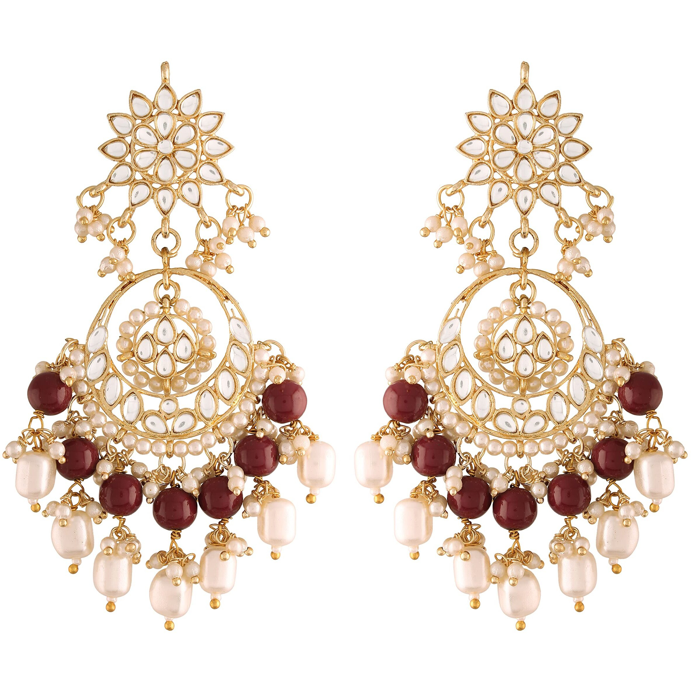 I Jewels 18K Gold Plated Traditional Handcrafted Pearl Kundan Beaded Chandbali Earrings for Women/Girls (E2916M)