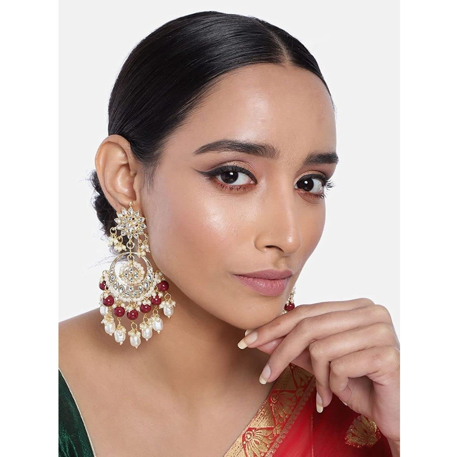 I Jewels 18K Gold Plated Traditional Handcrafted Pearl Kundan Beaded Chandbali Earrings for Women/Girls (E2916M)