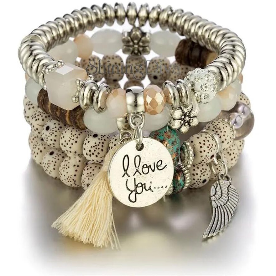 Shining Diva Fashion Latest Stylish Multilayer Bangle Bodhi Bracelet for Women and Girls (Beige)(15429b)