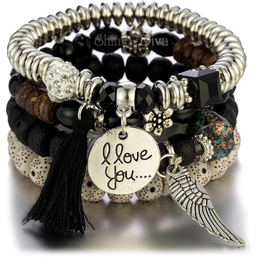 Shining Diva Fashion Latest Stylish Multilayer Bangle Bodhi Bracelet for Women and Girls (Black)(15433b)