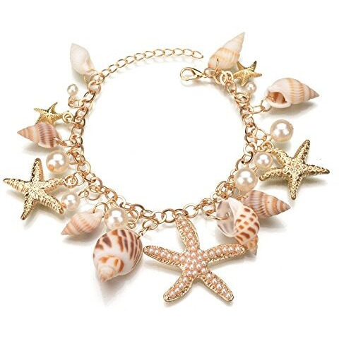 ZIBUYU Bracelet for Women and Girls Seashell Exotic Boho Adjustable Chain Seashell Bracelet Accessories Starfish Conch Pearl Bracelet for Women Shell Jewellery Birthday Gift for Women - 1 Pcs