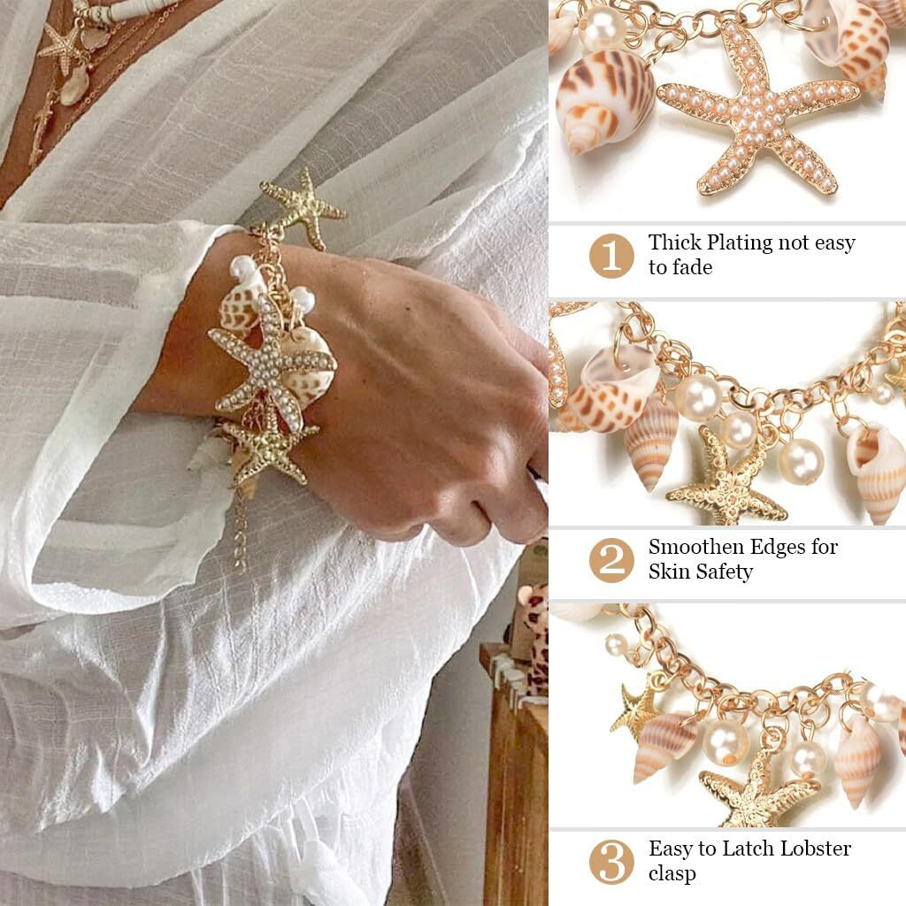 ZIBUYU Bracelet for Women and Girls Seashell Exotic Boho Adjustable Chain Seashell Bracelet Accessories Starfish Conch Pearl Bracelet for Women Shell Jewellery Birthday Gift for Women - 1 Pcs