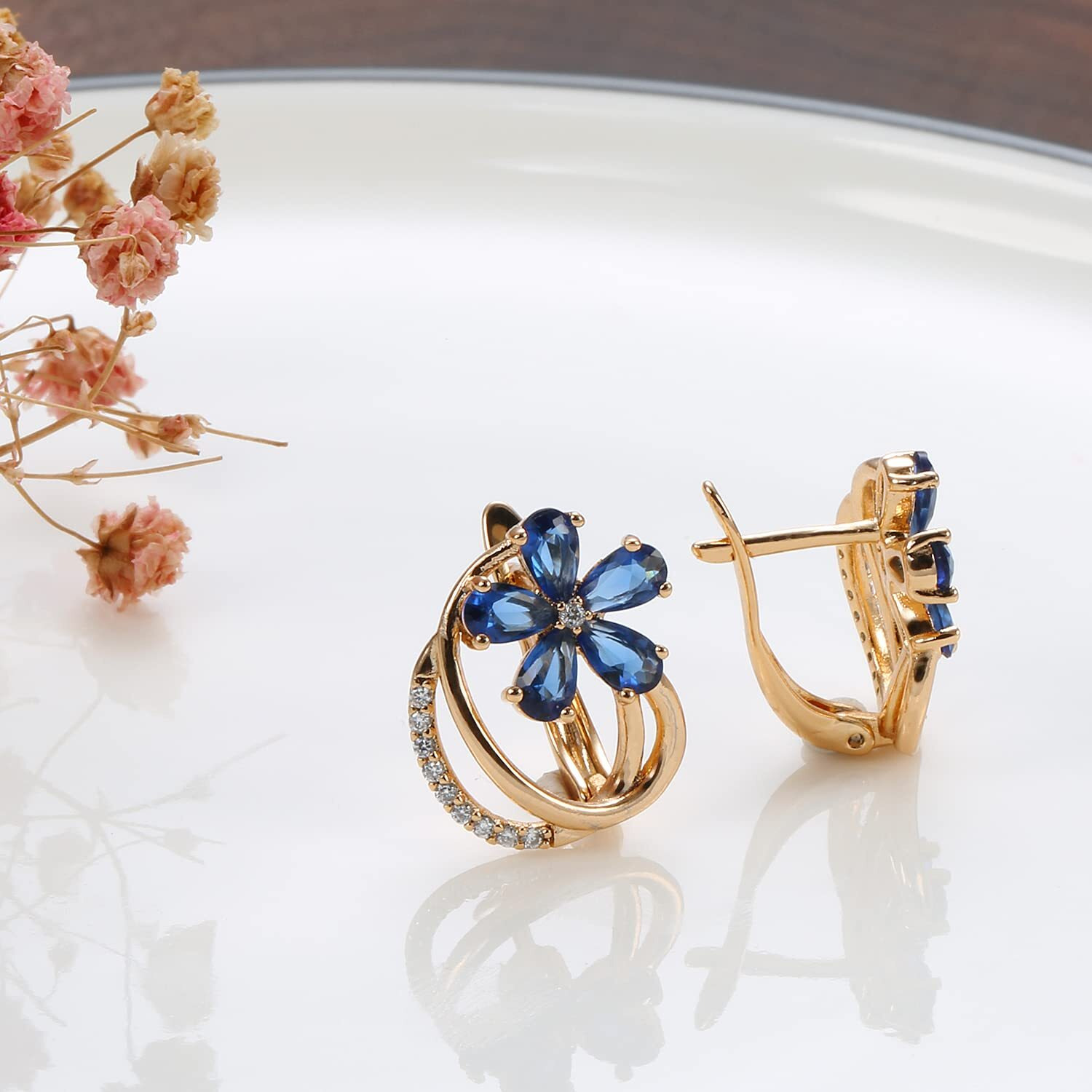 Shining Diva Fashion 18k Rose Gold Plated Latest Fancy Stylish Blue Zircon Copper Earrings for Women and Girls (rrsd12842er)