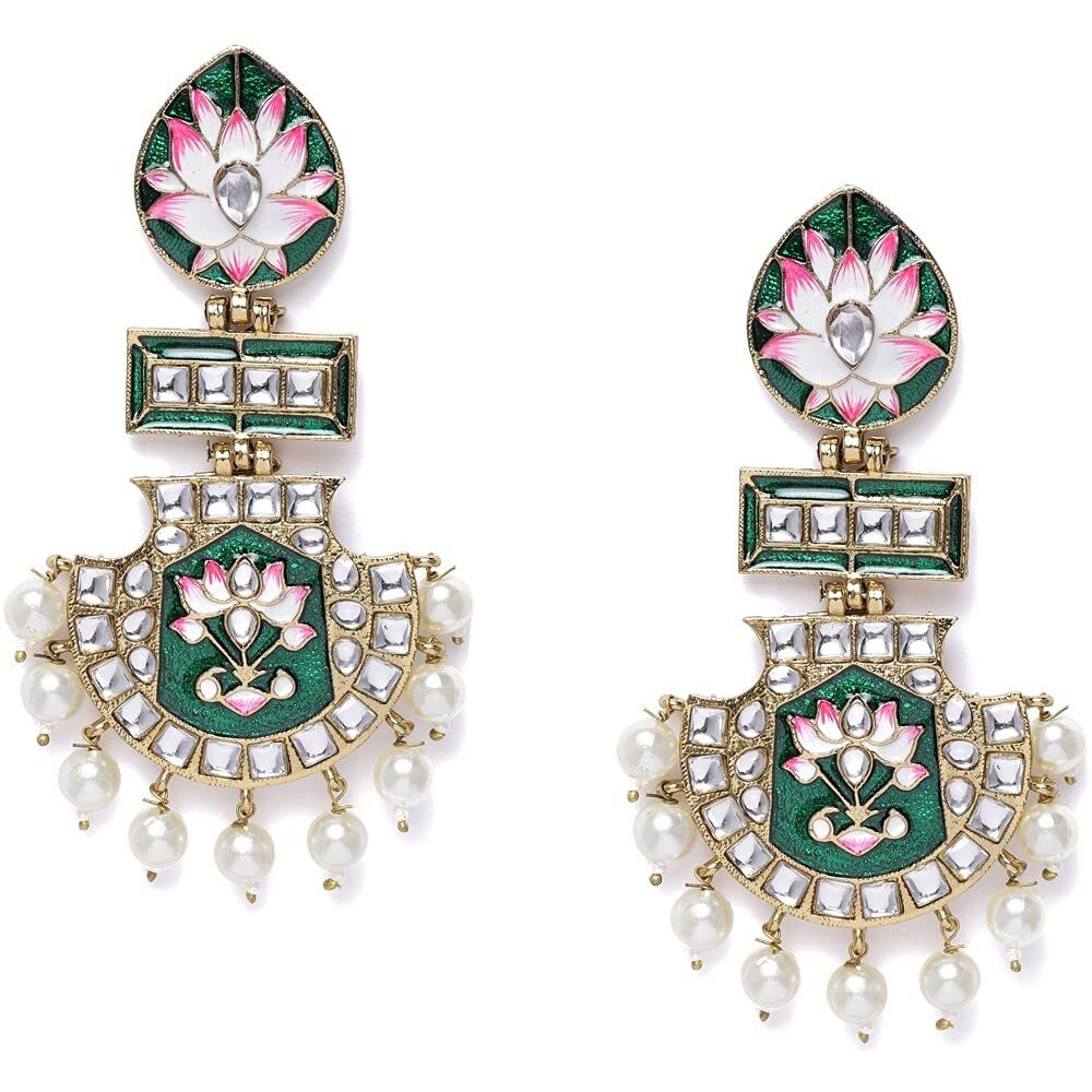 Zaveri Pearls Green & Pink Meenakari Lotus Design Kundan Dangle Earring For Women-ZPFK10343