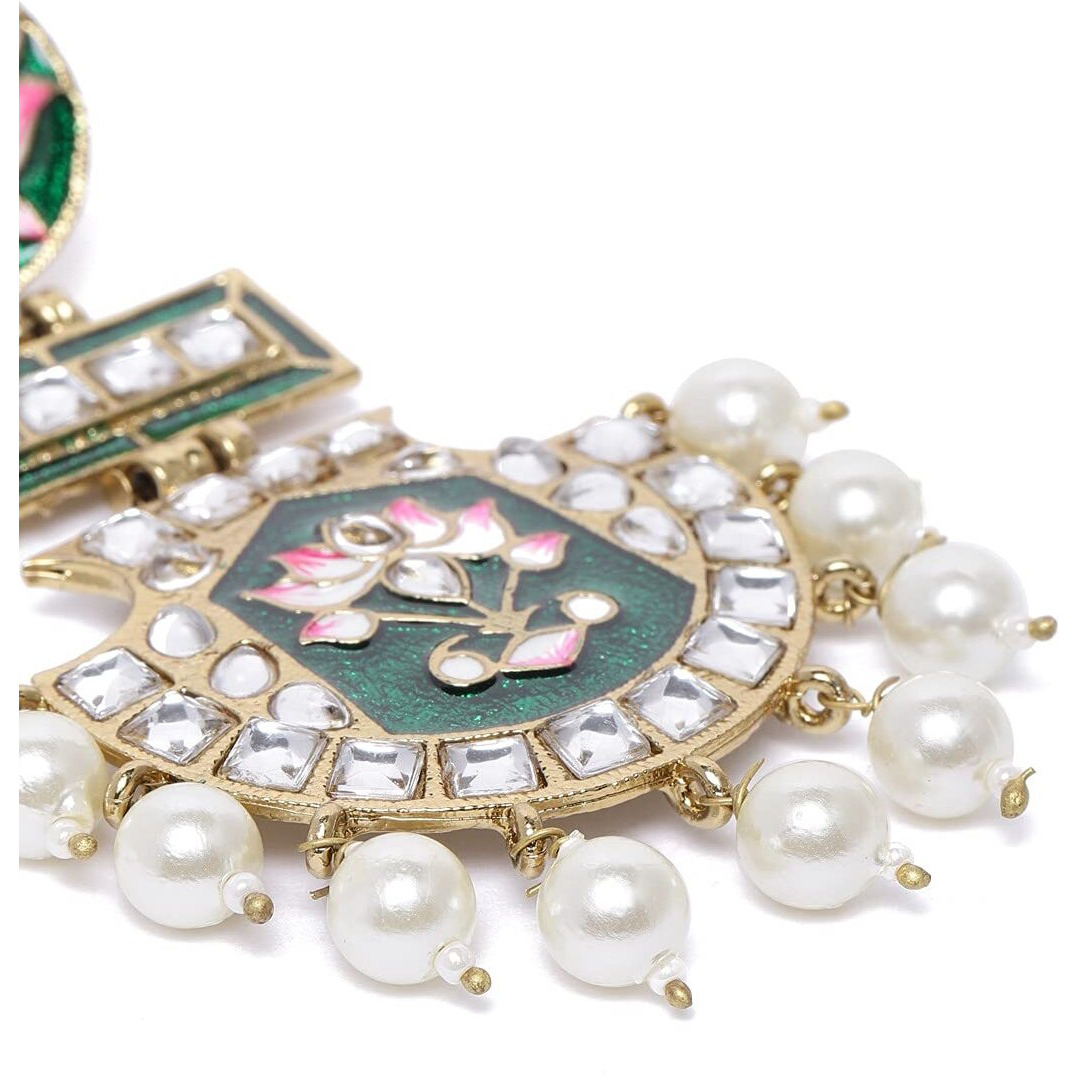 Zaveri Pearls Green & Pink Meenakari Lotus Design Kundan Dangle Earring For Women-ZPFK10343