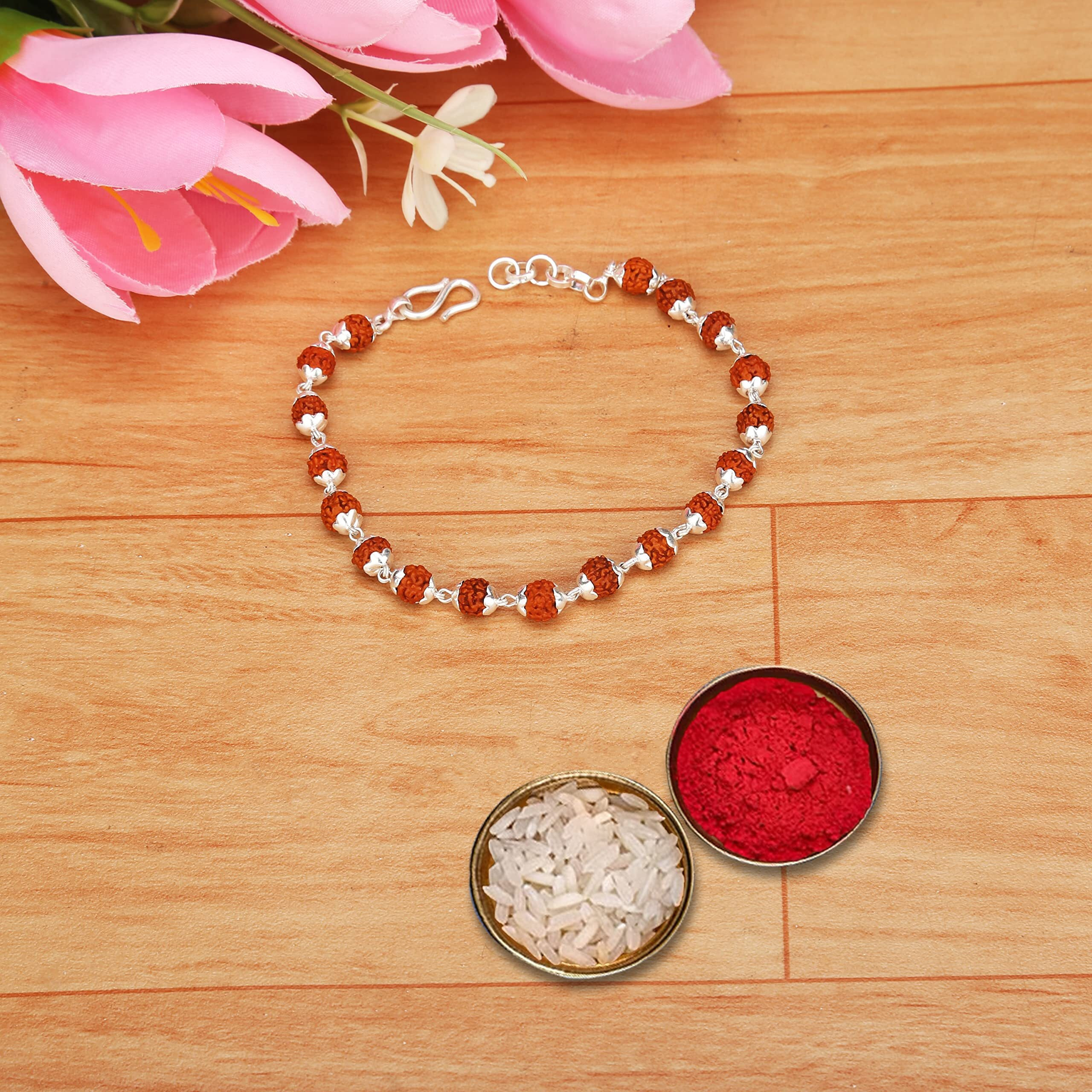 Njels Mens, Womens Handmade Original Silver Rudraksha Bracelet with OM Rudraksha Pendant (15 mm Natural Beads) - Gemmological Laboratory Certified