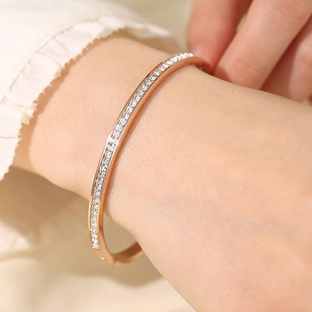 Shining Diva Fashion 18K Gold Plated Stainless Steel Openable Crystal Bracelet | Cuff Bangle | Friendship Couple Wedding Gifts for Mother Sister Wife Girlfriend | Anti Tarnish Jewellery (D_Rose Gold)