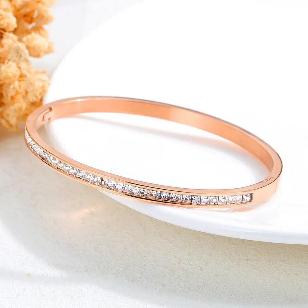 Shining Diva Fashion 18K Gold Plated Stainless Steel Openable Crystal Bracelet | Cuff Bangle | Friendship Couple Wedding Gifts for Mother Sister Wife Girlfriend | Anti Tarnish Jewellery (D_Rose Gold)