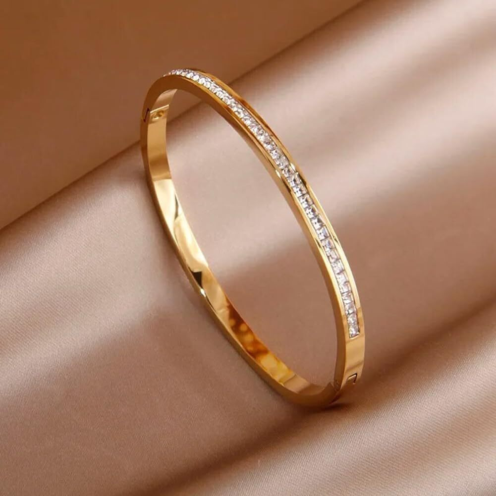 Shining Diva Fashion 18K Gold Plated Stainless Steel Openable Crystal Bracelet | Cuff Bangle | Friendship Couple Wedding Gifts for Mother Sister Wife Girlfriend | Anti Tarnish Jewellery (D_Gold)