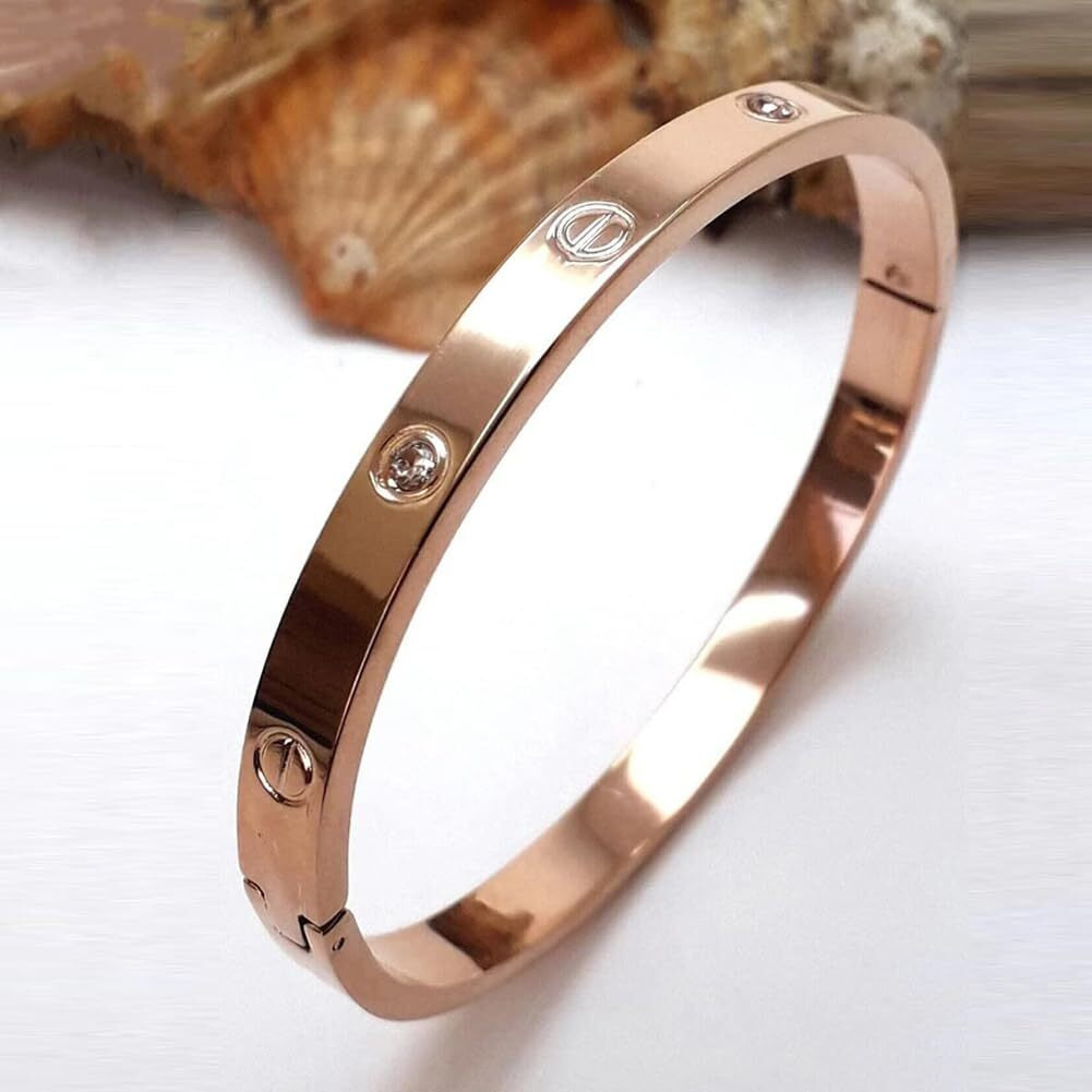 Shining Diva Fashion 18K Gold Plated Stainless Steel Openable Crystal Bracelet | Cuff Bangle | Friendship Couple Wedding Gifts for Mother Sister Wife Girlfriend | Anti Tarnish Jewellery (C_Rose Gold)