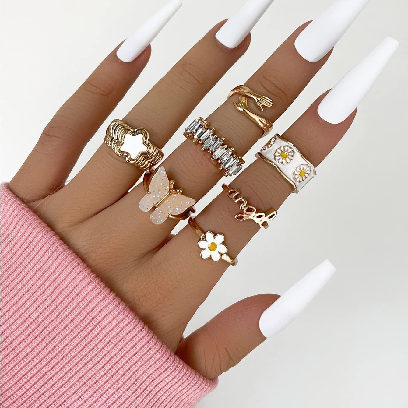 Shining Diva Fashion Latest Stylish Y2k Gen Z Chunky Finger Rings for Women and Girls - Set of 7 (14173r) Golden